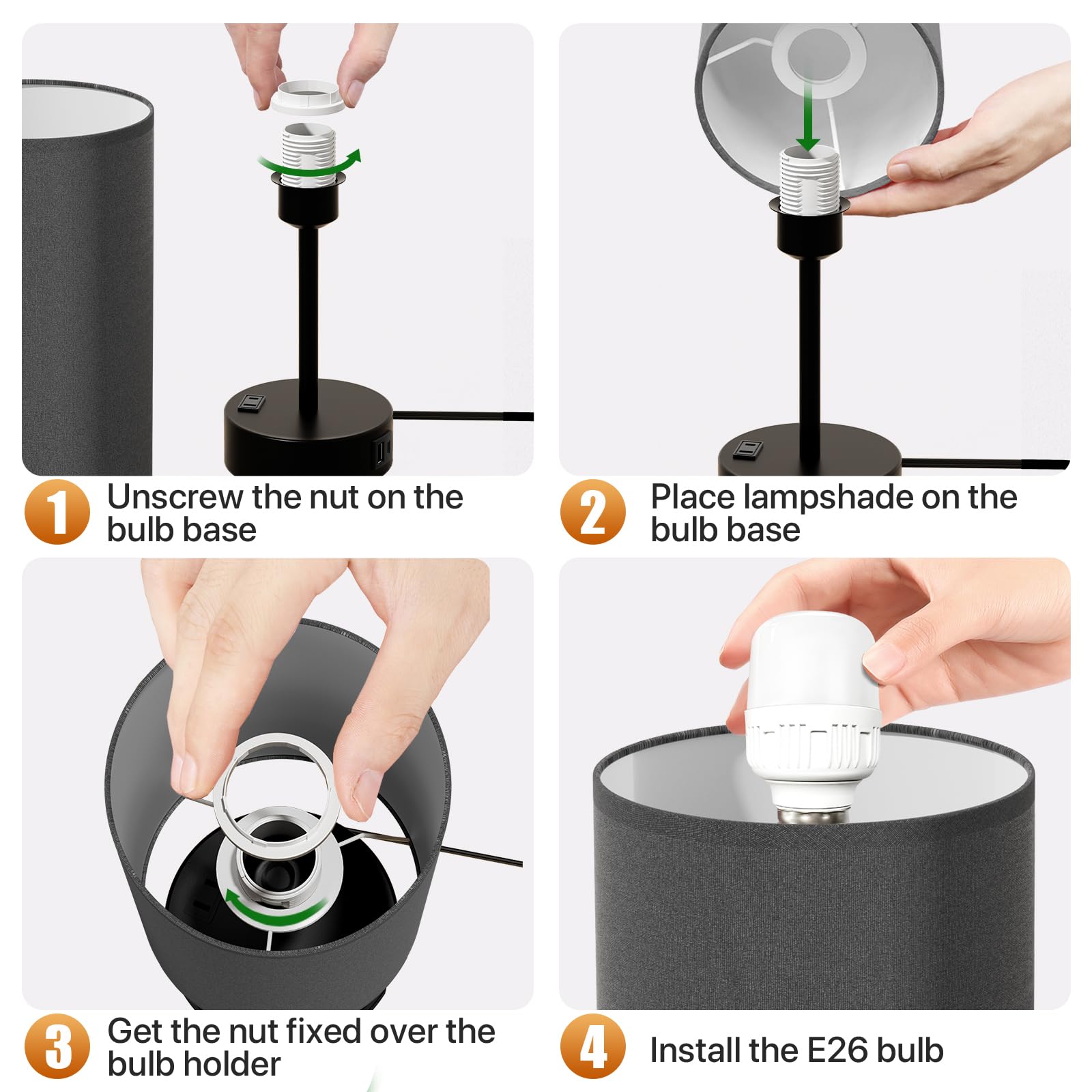 KPQ Touch Control Table Lamp with USB Ports & AC Outlet, 14in Small Size, Grey Shade-Black Base, 3-Way Dimmable Nightstand Lamp