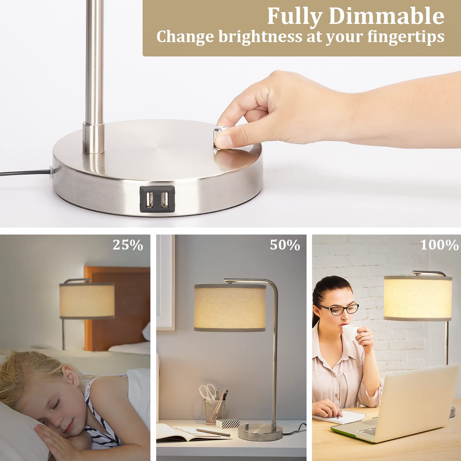 Table Lamp For Living Room, Modern Bedside Lamp With Dual Usb Ports, Fully Dimmable Nightstand Lamp With Beige Drum Shade, Silve