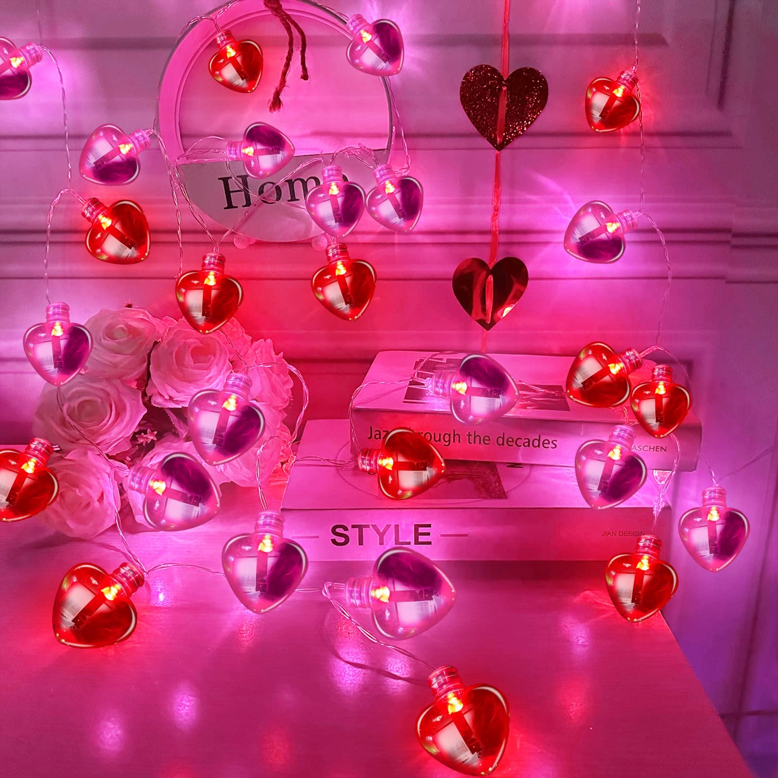Remote Control & 8 Modes - Valentines Day Decorations Heart Garland Lights with Timer 8.2 Ft 20 LED Red Pink Heart String Lights