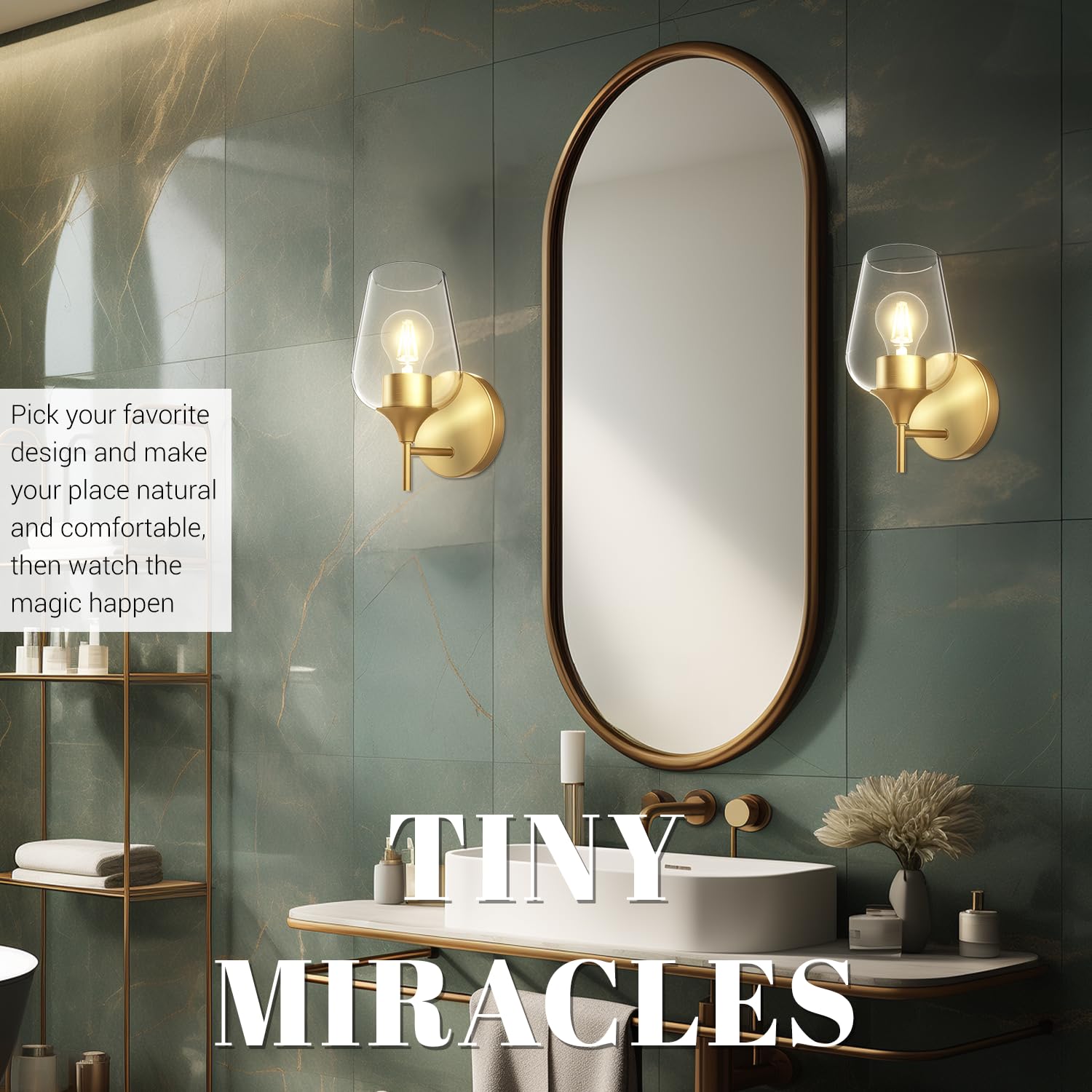 Hamilyeah Gold Wall Sconces Set of 2, Modern Vintage Brass Lighting with Clear Champagne Glass Shade for Bathroom, Bedroom, Kitchen