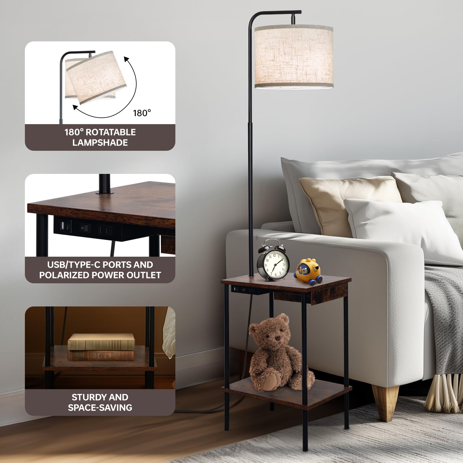 Eoeyyoyb Floor Lamp With Table & Drawers, End Table Lamp With Usb Charging Portt Power Outlet And Shelves, Side Table Reading Li