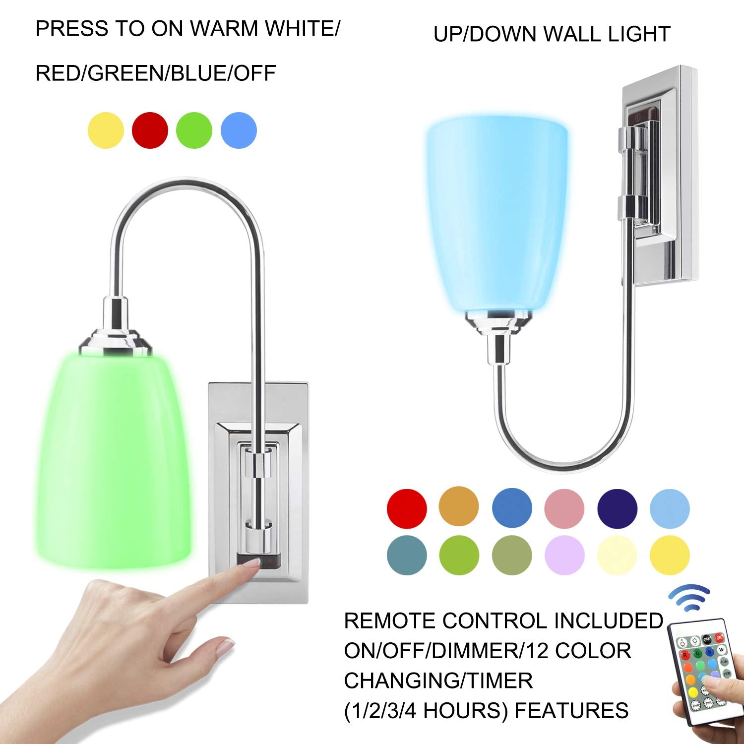 HONWELL Wall Lamp LED Sconce, Battery Operated, Remote Control, 12 Colors, Cordless Silver Light Fixture for Indoor Use
