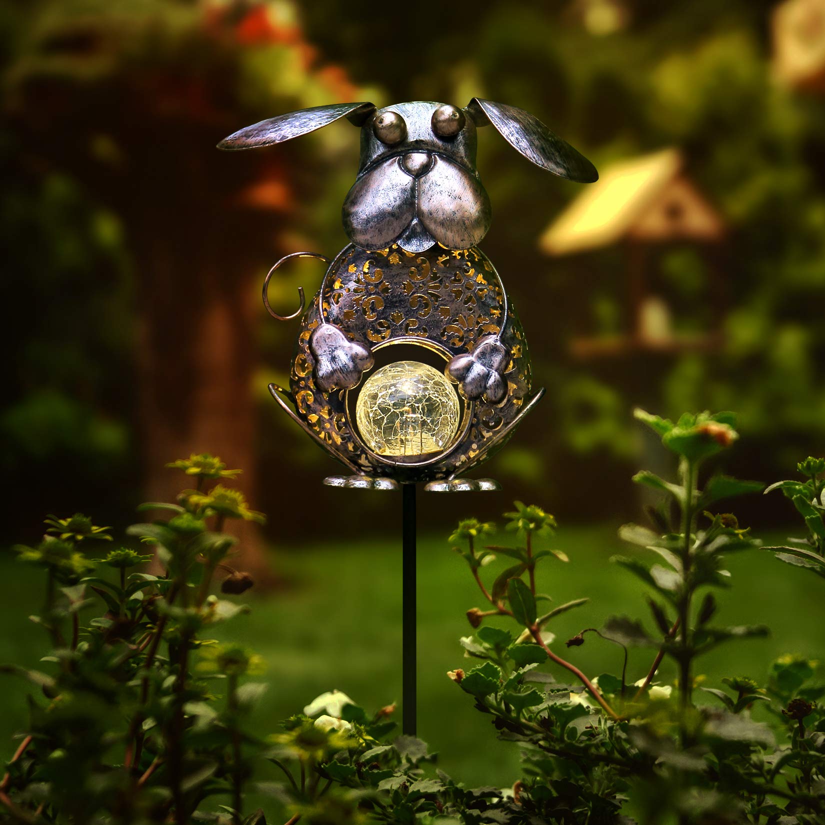 KAIXOXIN Solar Garden Lights, Metal Dog Stake with  le Glass Globe, Waterproof, Warm White LED, Dog-Bronze Color