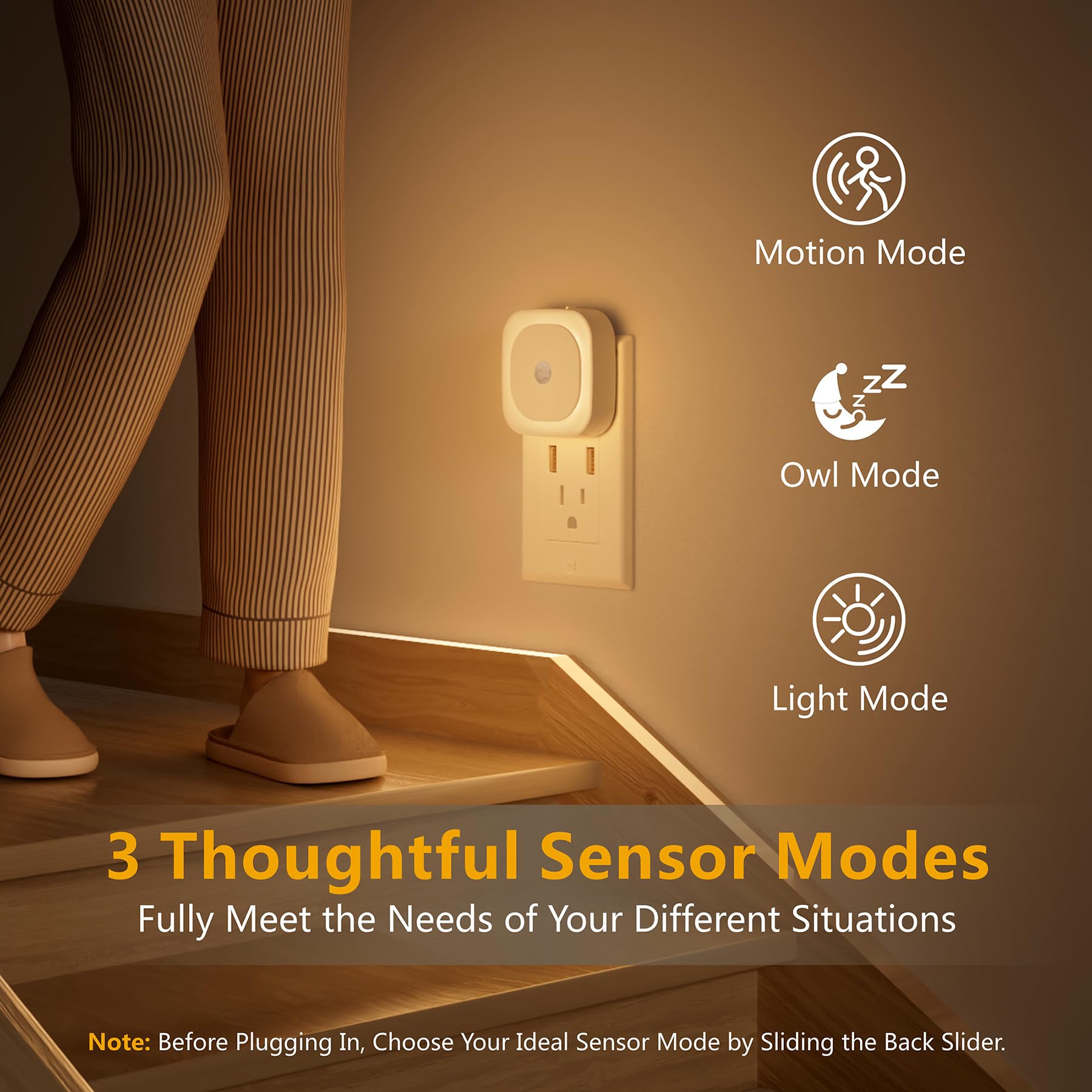 Yunlex 2 Pack Plug In Night Light With Motion Sensor & Dusk To Dawn Sensor, 3 Sensor Modes, Dimmable Night Lights Plug Into Wall