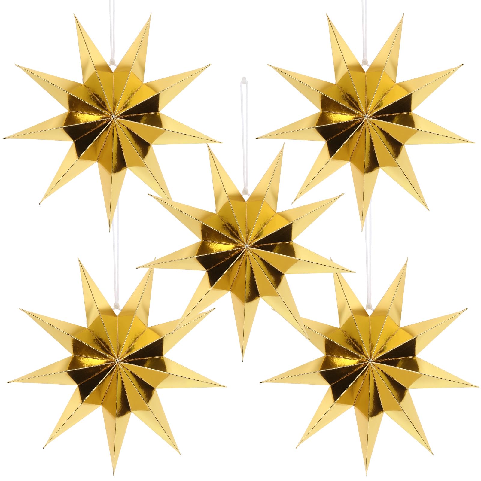 BestoFun 12 Inches 5 PCS Gold Paper Star Lanterns Christmas Party Decorations Hanging Stars Wedding Birthday Christmas Home Part