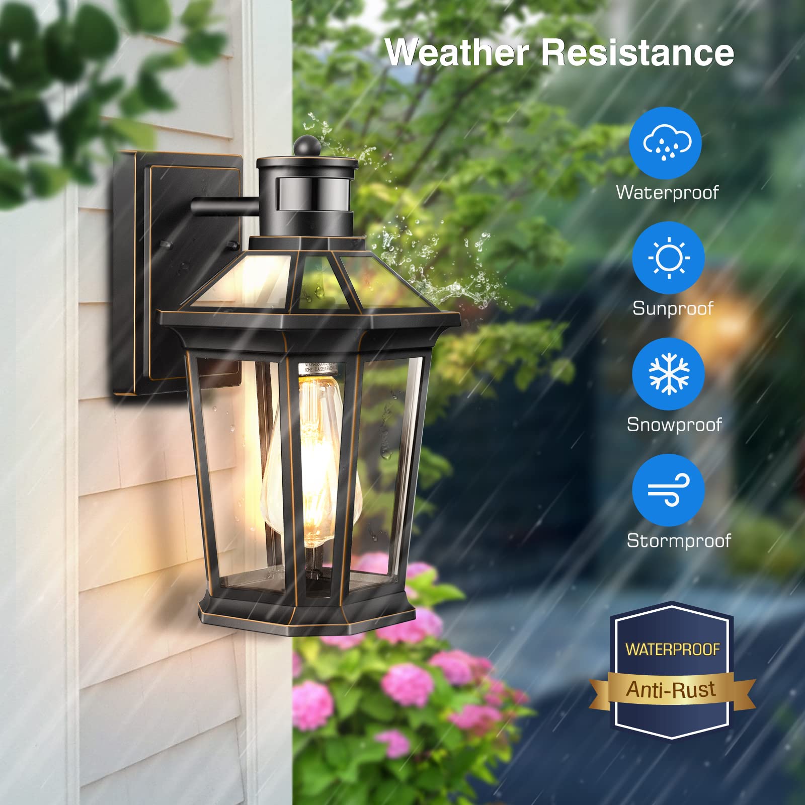 Vianis Motion Sensor Outdoor Light Fixture 2-Pack, Dusk To Dawn, Black Gold Aluminum Lanterns