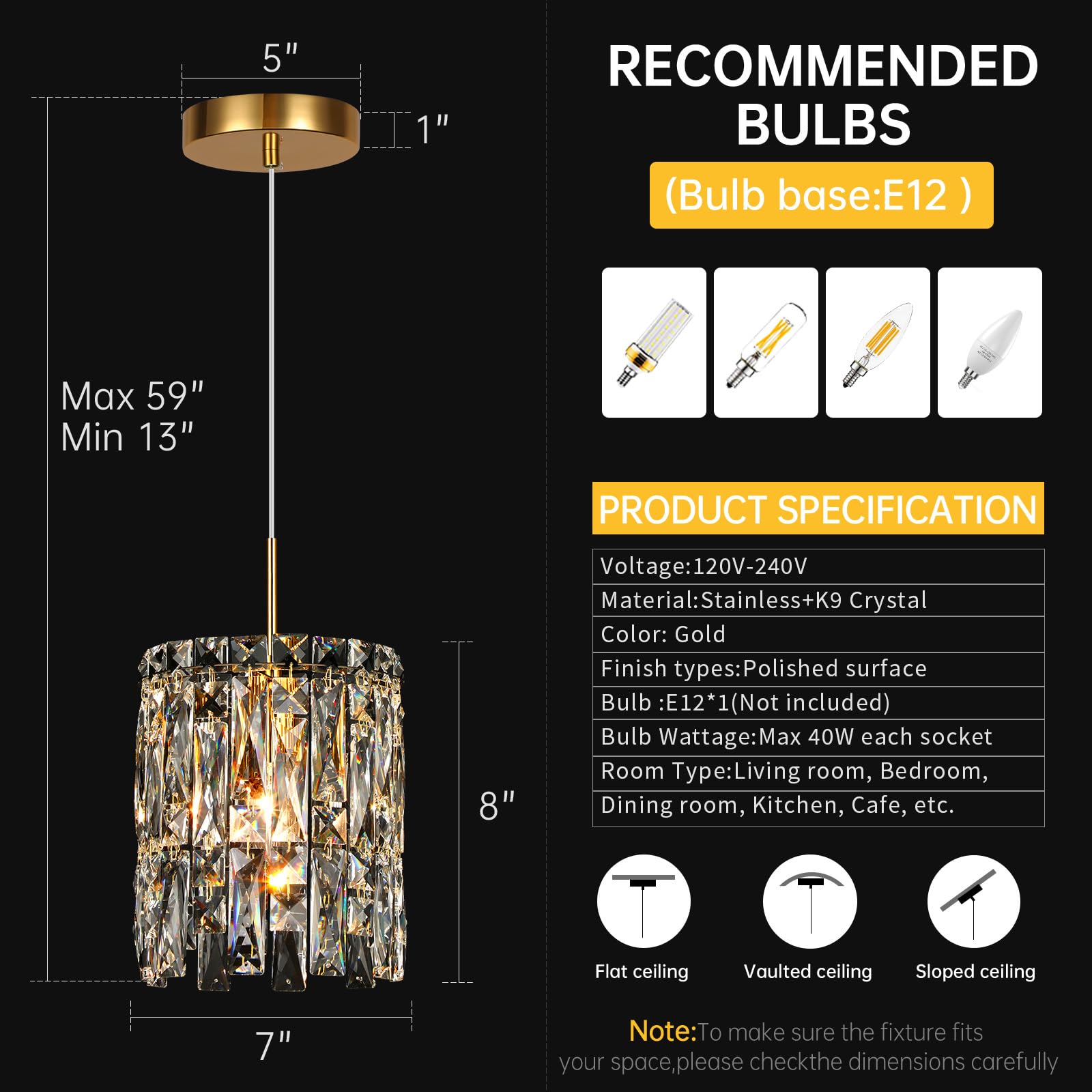 NISIDUN Modern K9 Crystal Pendant Light, Gold Metal Chandelier, 1-Light 6.7" for Kitchen Island, Dining Room, Entryway