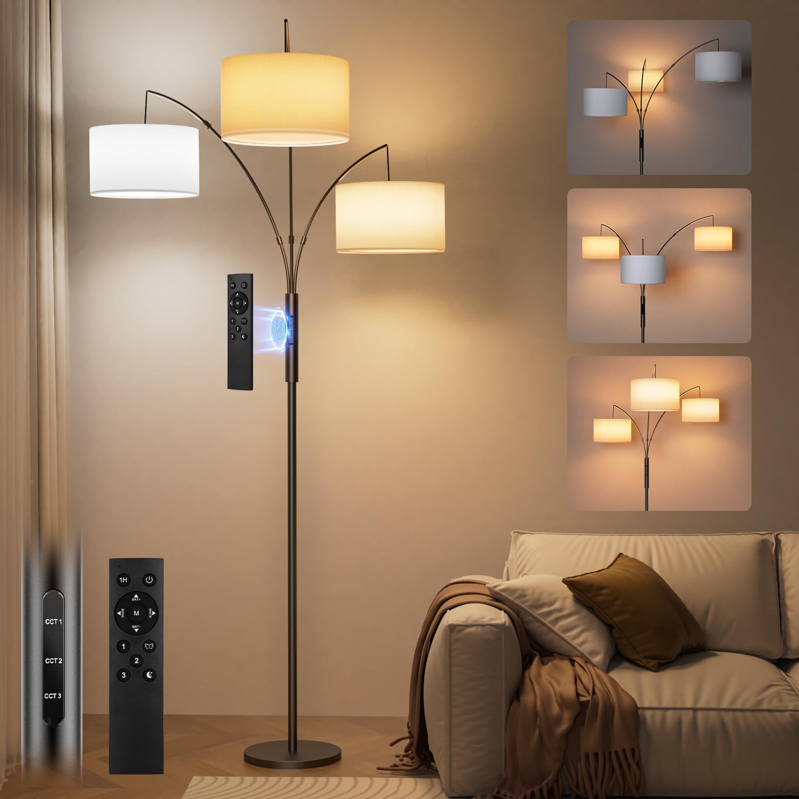 SIBRILLE 36W LED Arc Floor Lamp with 3 White Fabric Shades, 3000LM Super Bright Standing Lamp with Remote Control & Touch, Stepl