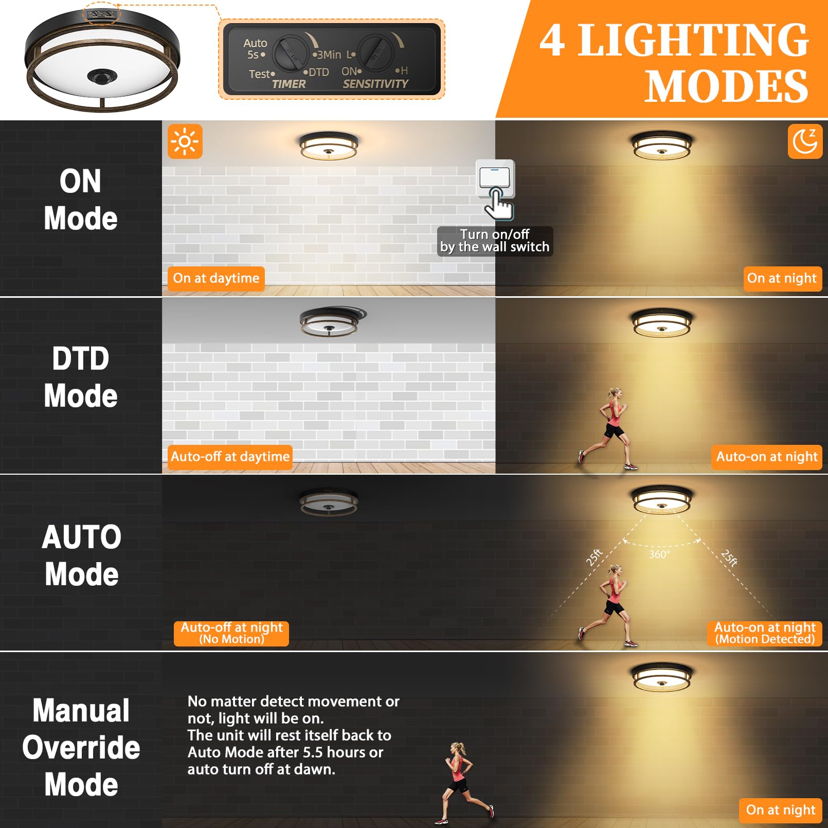 OYKYOHEI Motion Sensor Outdoor Ceiling Light - 12" Brown LED Flush Mount, 2 Pack Rustic Porch Lights for Entryway, Garage