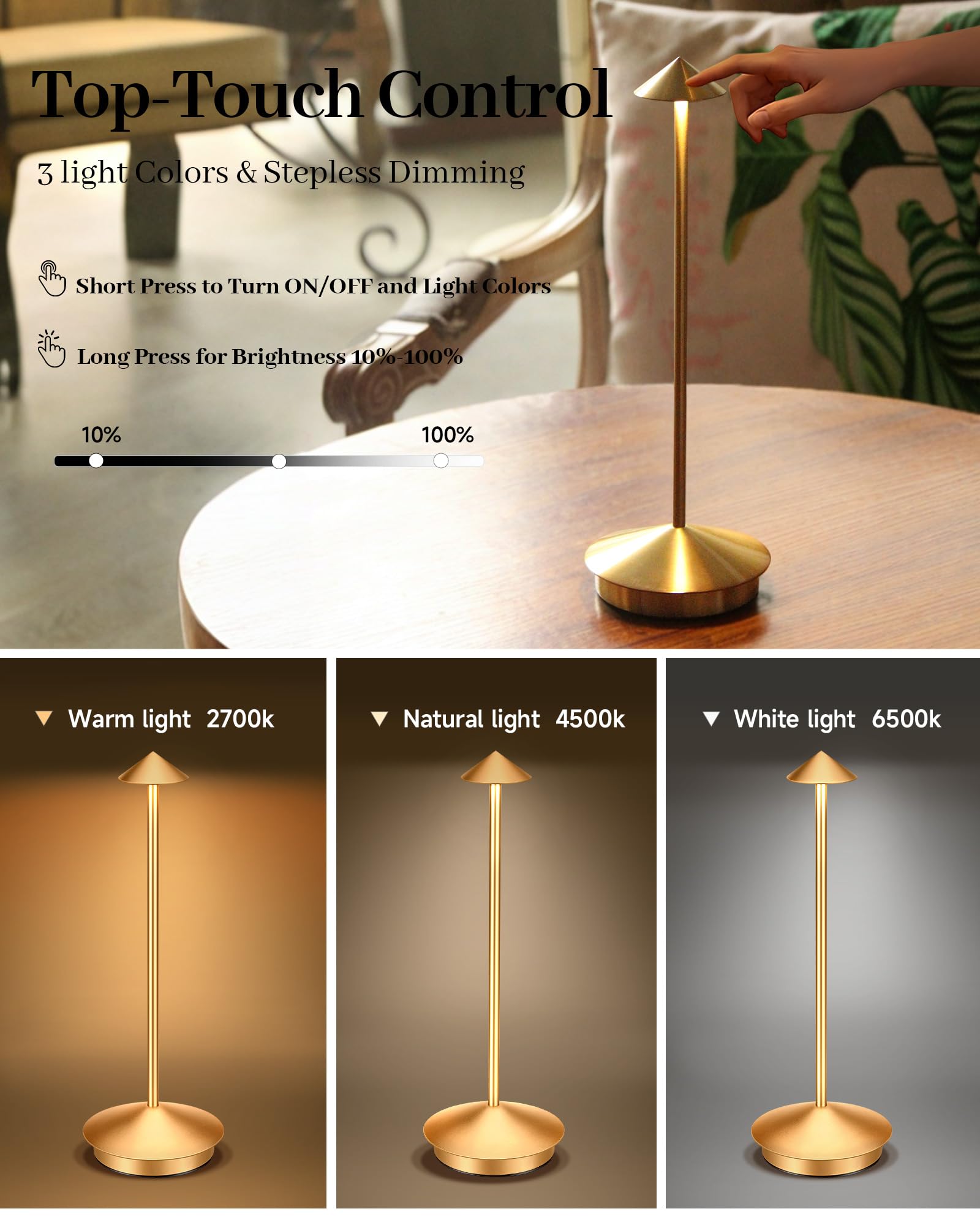 XMINKDZA Portable LED Table Lamp 2 Pack, Rechargeable 6000mAh, Dimmable, IP54 Waterproof, Bronze, Model XDJDSJBBM