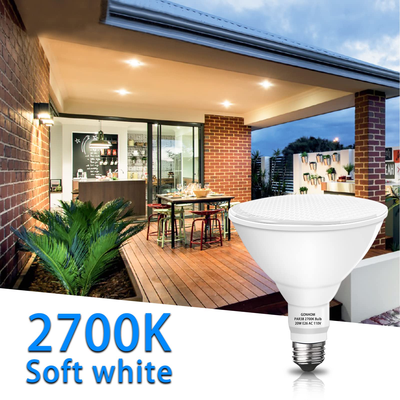 Gonhom Par38 LED Flood Light Bulb 2 Pack, 20W Equivalent, Soft White 2700K, E26 Base, 1800LM for Outdoor Use