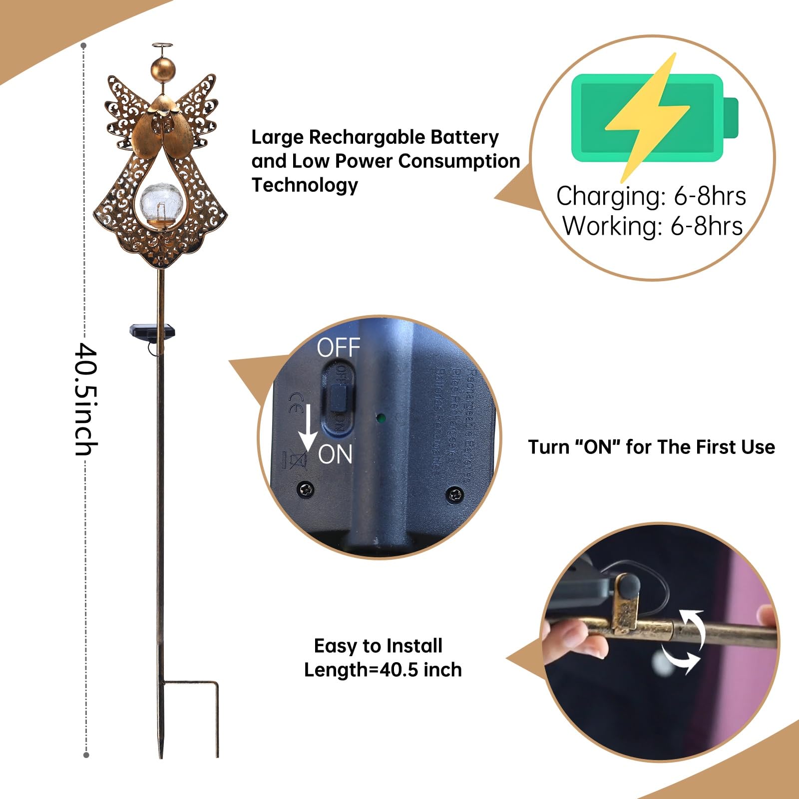 Starryfill Solar Angel Stake Light - Waterproof Crackle Glass Globe, 40.5" Metal Bronze Garden Decor
