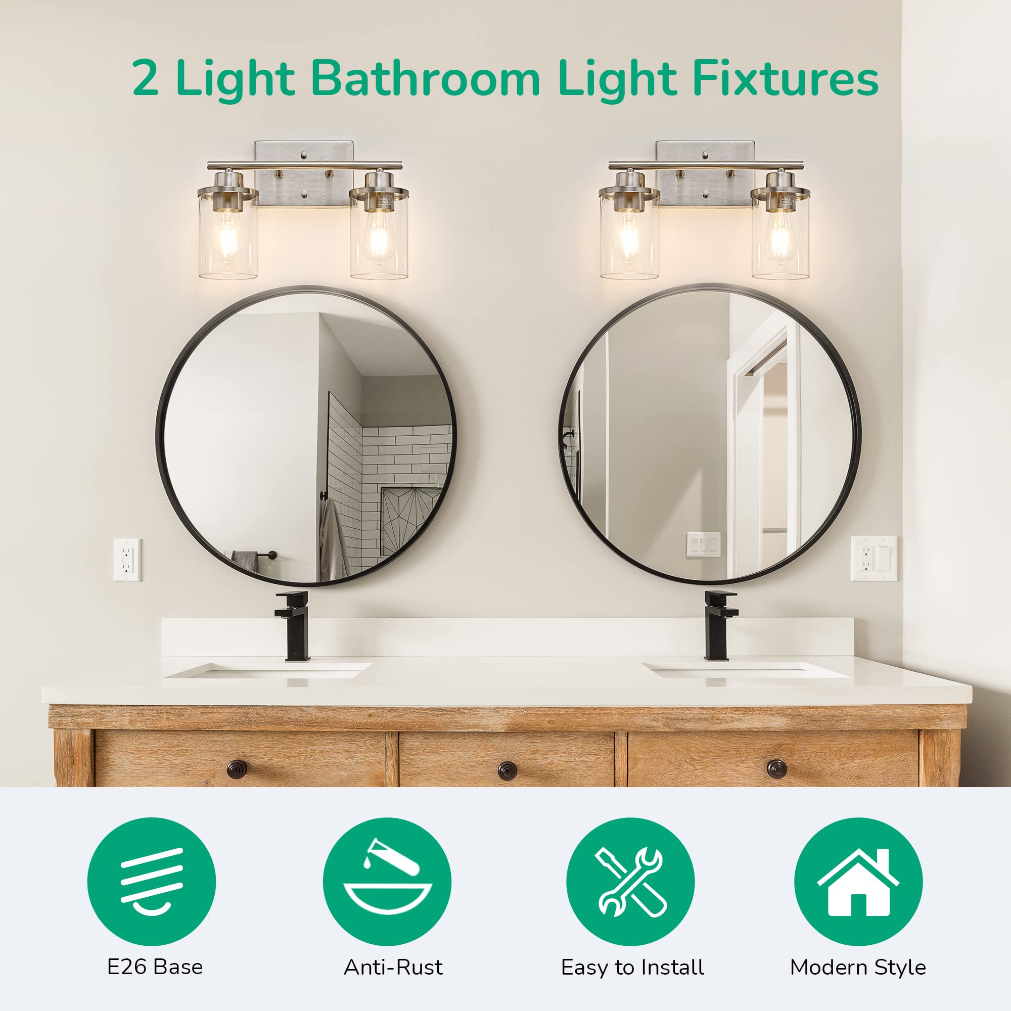 EDISHINE 2 Light Bathroom Vanity Light Fixtures, Brushed Nickel, Modern Wall Sconces, Glass, ETL Listed