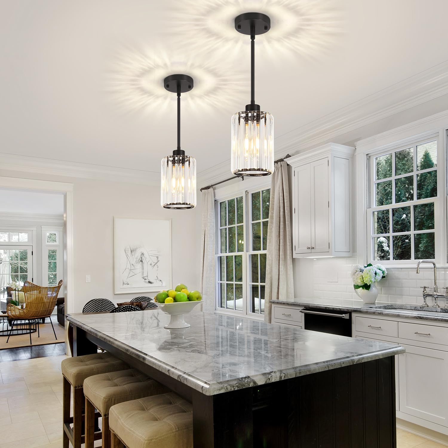 Zsmihdoh Black Pendant Light  Modern Crystal Pendant Lights Kitchen Island Lighting  Hanging Light Fixtures Mini Chandelier Pendant Lights For Island Dining Room Hallway Bedroom