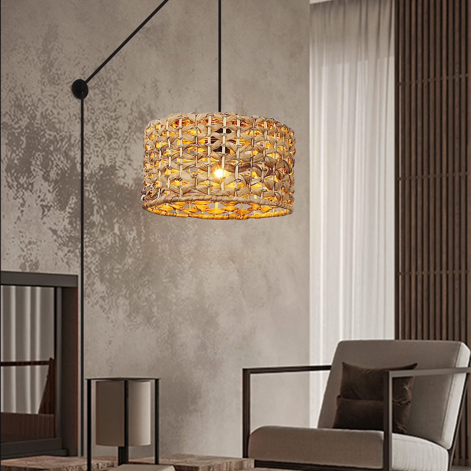 COSYLUX Farmhouse Plug in Pendant Light Fixture  Rustic Ceiling Light Hanging lamp with Plug in Cord Adjustable  Woven Rattan Wicker Water Lettuce lamp Shade-New