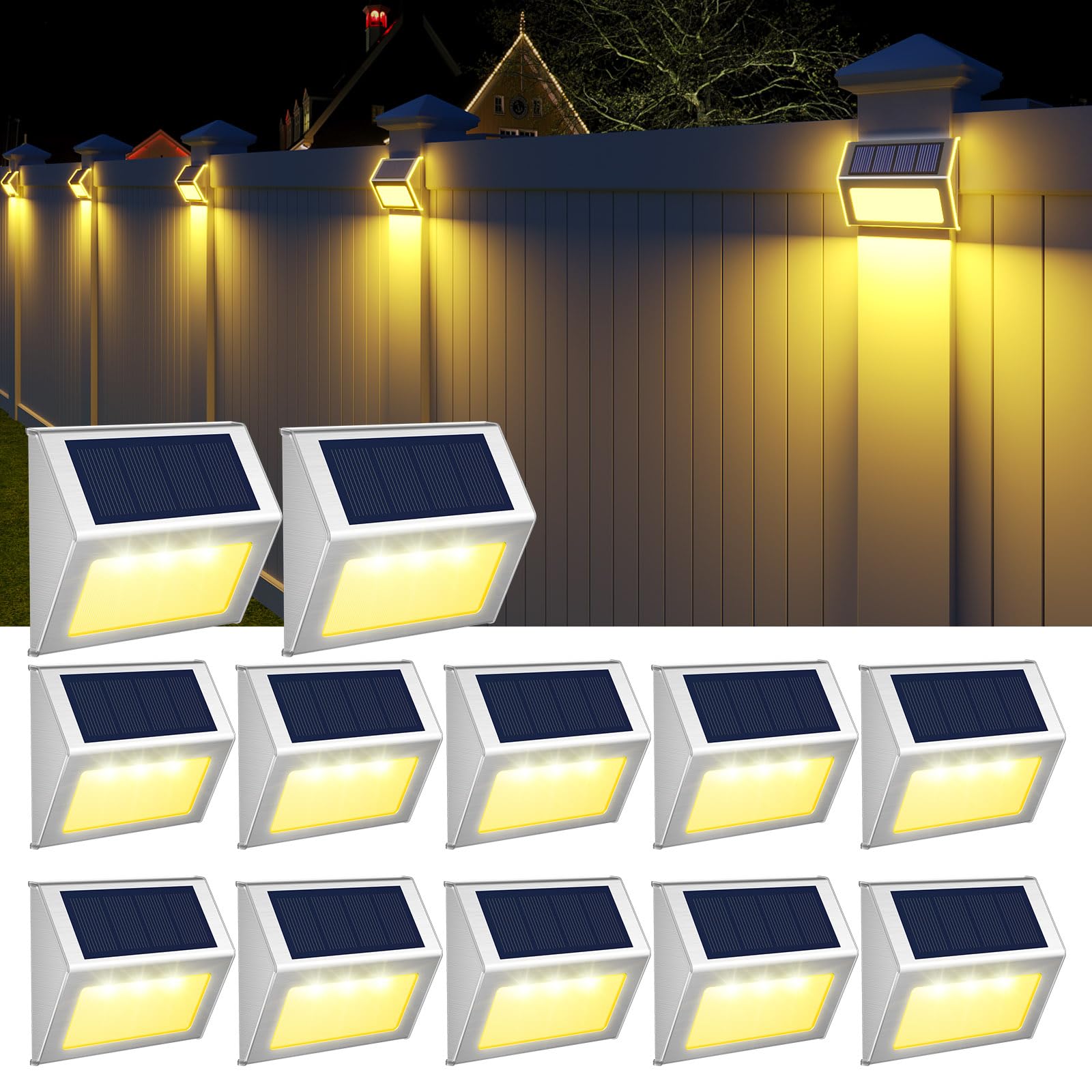 JSOT Solar Deck Lights, 12-Pack Stainless Steel & ABS, Warm Light, Outdoor Waterproof Fence, Garden Patio Wall Railing Lighting