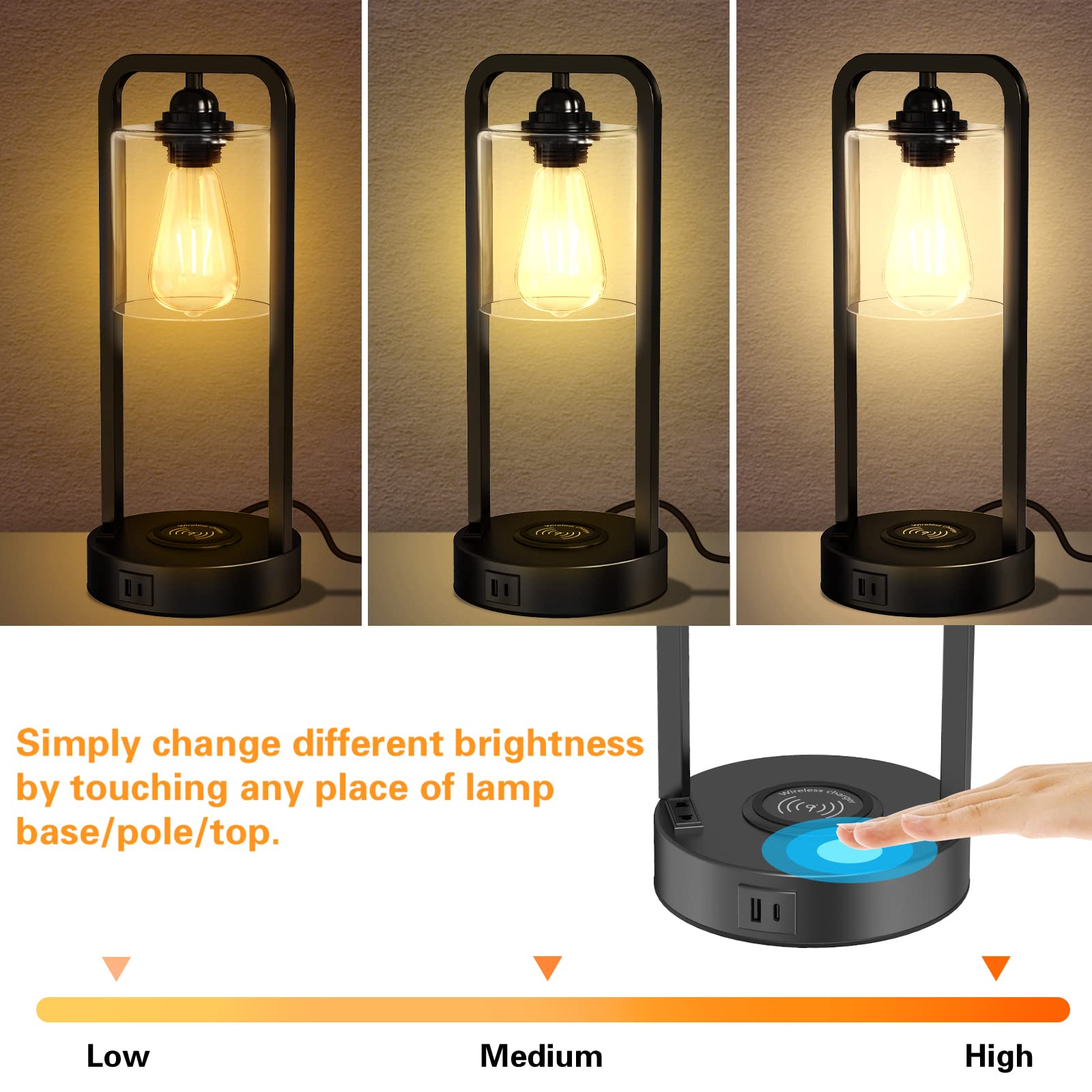 Wireless Charging Table Lamp For Bedroom Set Of 2, Touch Control Dimmable With Type C Usb Ports & Ac Outlet Bedside Nightstand Lamp, Glass Shade Industrial Desk Lamp For Home Office, Bulbs Included