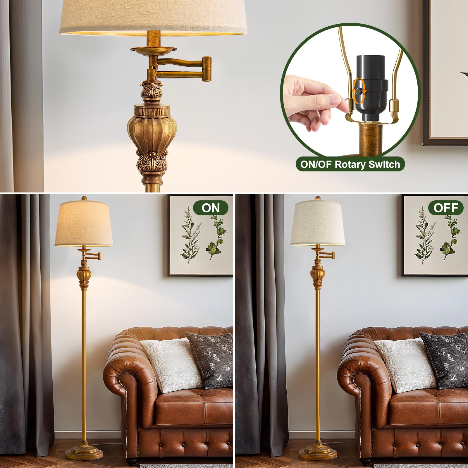 G-SAFAVA 61" Vintage Floor Lamp, Antique Gold, Adjustable Swing Arm, Retro Farmhouse Style, Model AMZ-F1217AG-XW