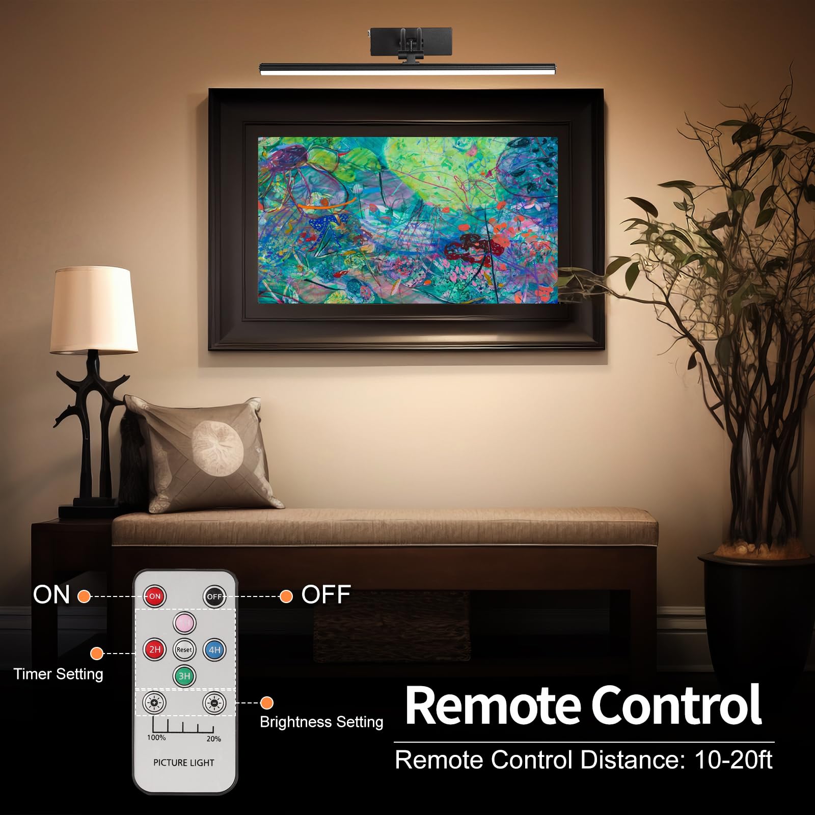 Picture Light with Remote, 16 in Wireless Rechargeable 5200mAh Battery Operated Wall Light, 5 Colors Paintings Light Dimmable an