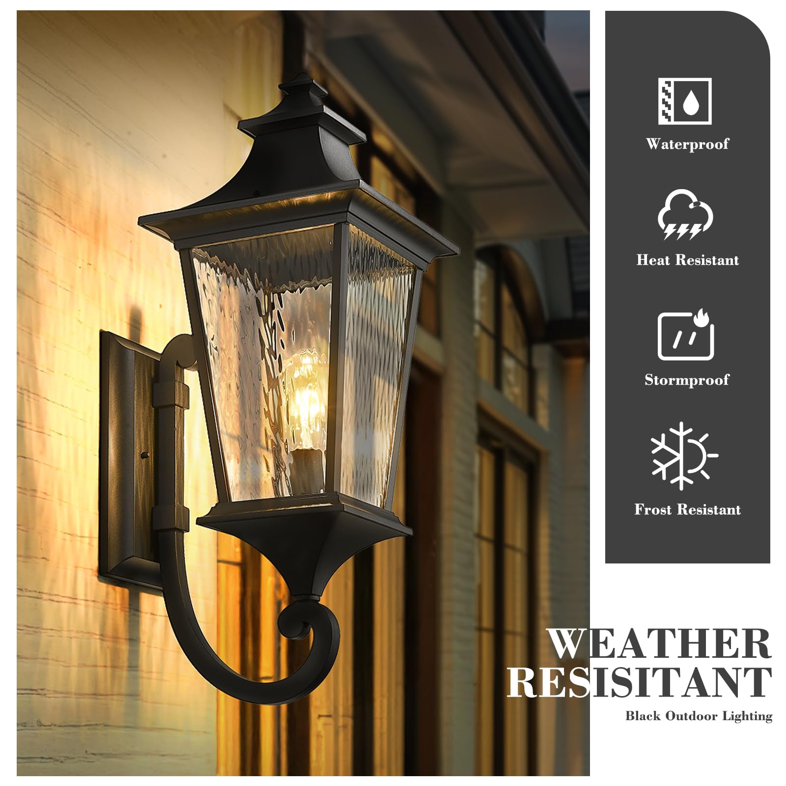 Emliviar 29.3'' Large Exterior Wall Light, Outdoor Wall Sconce Suitable For House Porch, Water Ripple Glass In Black Finish, Xe2