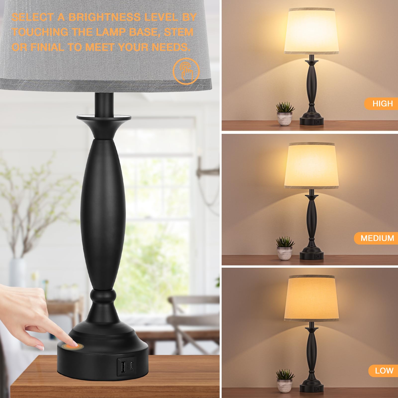 Grey Lamps For Bedrooms Set Of 2 - Touch Control Bedside Lamp With Usb C+A, 3 Way Dimmable Nightstand Lamps With Usb Port, Table