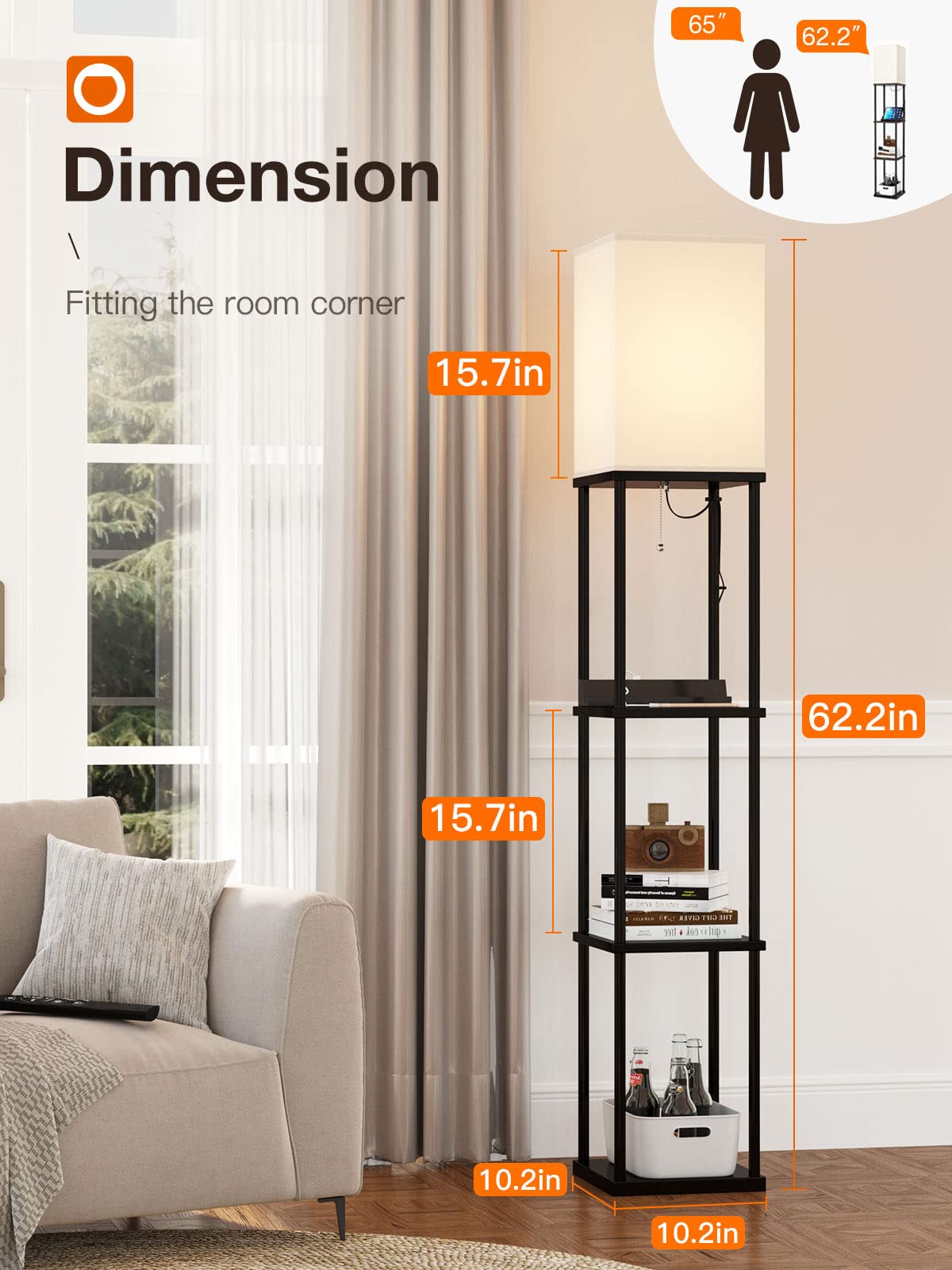 addlon Floor Lamp with USB Ports & Power Outlet, Remote Control, 4-Tier, Metal, Black