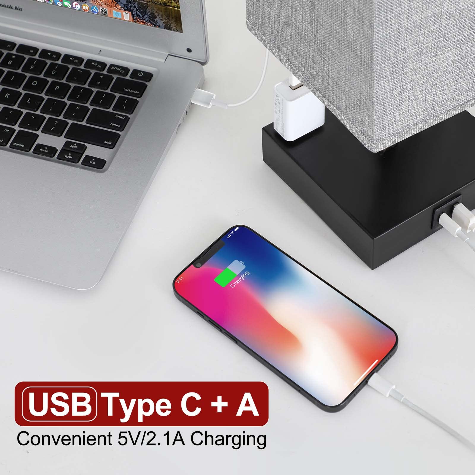 Soilsiu Bedside Lamp - Touch Control Table Lamp with USB C+A Ports, 3-Way Dimmable, 4.3" Width, Gray, LED Bulb Included, Model