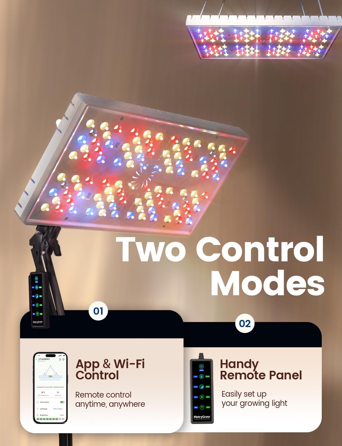 MetryGrow Plant Grow Light, 48W LED Full Spectrum, Smart APP, 2x2 Ft Coverage, White, Model MPGL-01, 8-Level Brightness