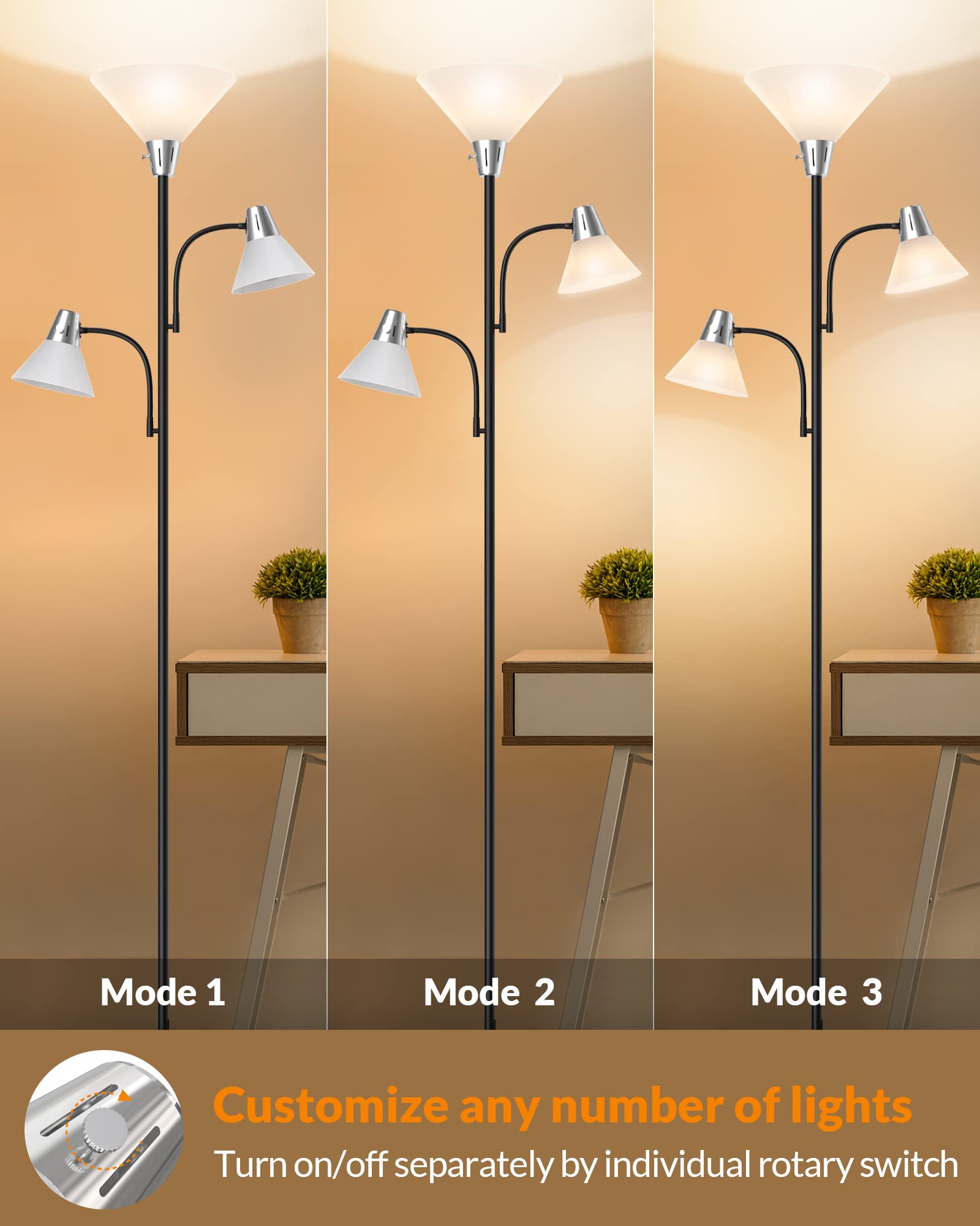 LEPOWER Floor Lamp with 5W Adjustable Reading Lights, 9W LED, Metal, Black, Model LP-US-MDFL-AS-03