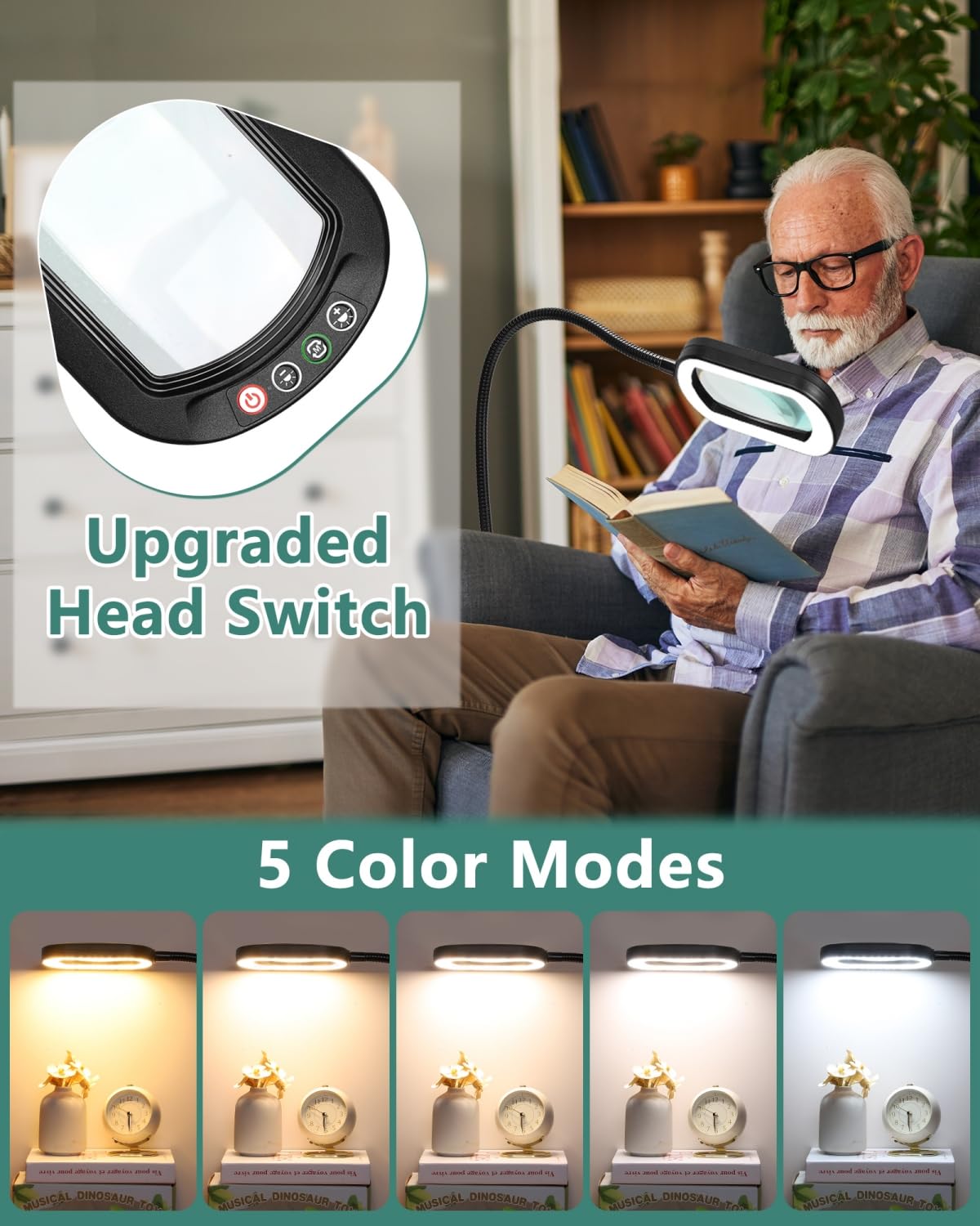 IVMAIE 10X Magnifying Glass with Light, 24" Gooseneck Floor Lamp, 5 Color Modes, Metal, Black, Model 602FLG