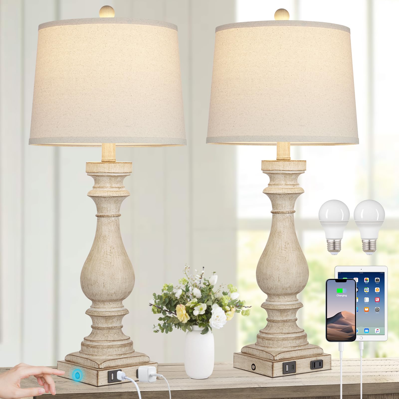 Rinweey 27.5" Farmhouse Table Lamp For Living Room Set Of 2,Vintage Bedside Lamps With Usb C+A Ports & Ac Outlet,3-Way Dimmable Touch Control White Washed Finish Nightstand Lamp For Bedroom,Beige