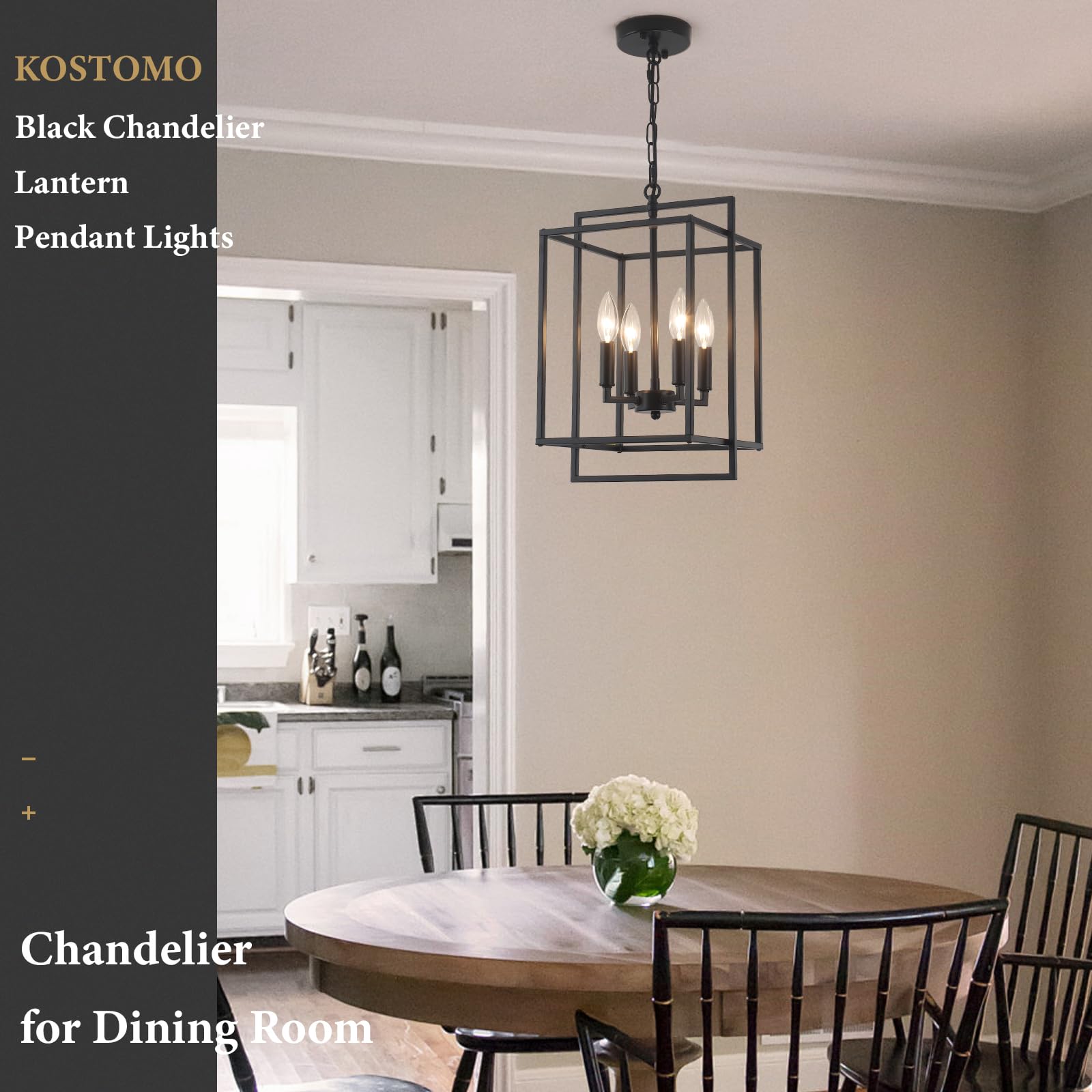 Kostomo 4-Light Black Farmhouse Chandelier Lantern Chandelier Light Fixture For Dining Room Kitchen Island Lighting Modern Penda