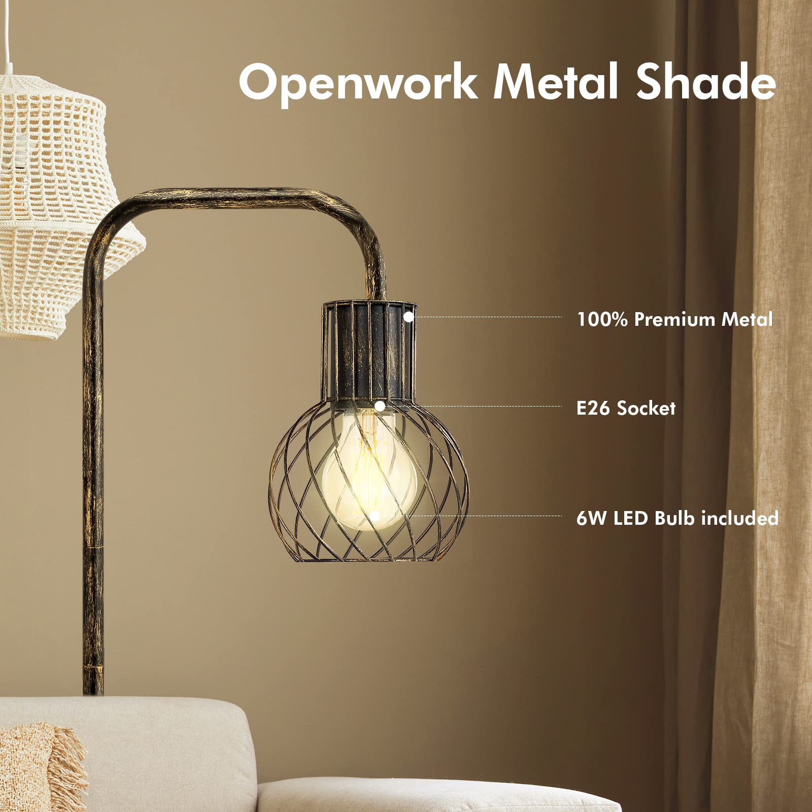 Industrial Floor Lamp, Antique Bronze Standing Lamp Modern With 6W Led Bulb, Foot Switch, Metal Tall Lamps For Living Room, Bedr