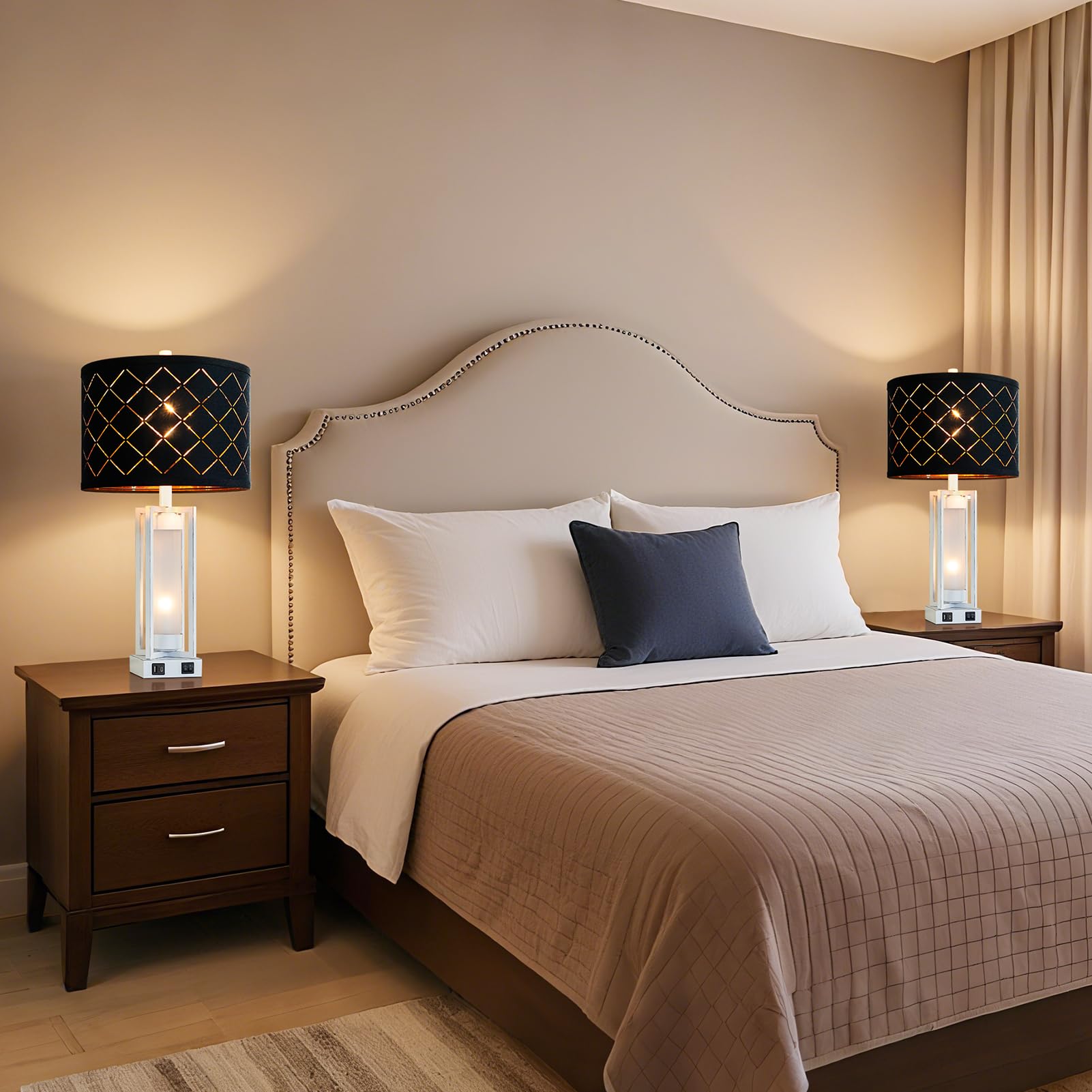 Roriano 25'' Set Of 2 Farmhouse Table Lamps With Usb C+A Ports, Rustic Retro Nightstand Lamps With White Night Light, Black Grid