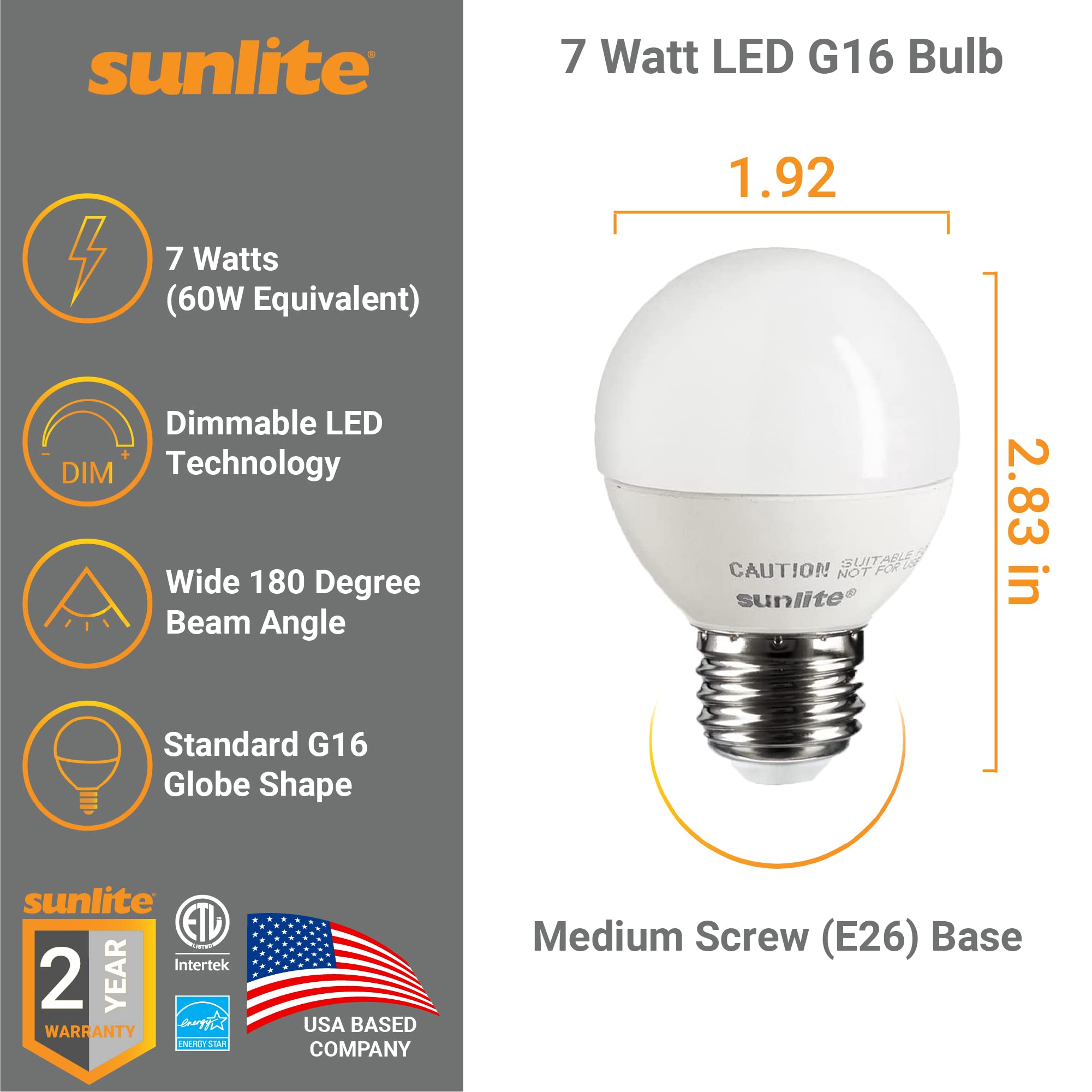 Sunlite G16 LED Dimmable Decorative Globe Vanity Light Bulbs, Frosted, 7W (60W Equiv.), 500 Lumens, Medium E26 Base, Mirror Ligh