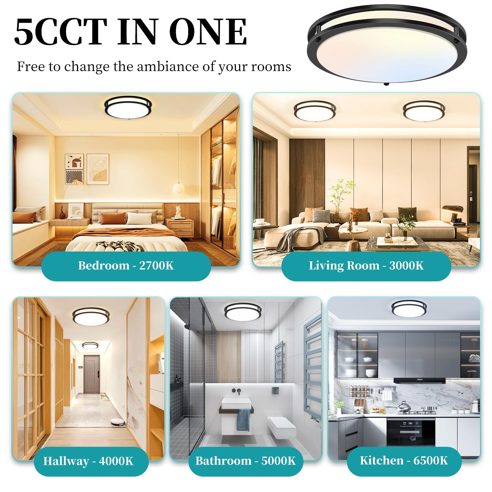 Gozig 12Inch 3800Lm Flush Mount Led Ceiling Light Fixtures, 36W, Black, Dimmable, Color Temperature Changeable, Suitable For Kitchen, Bathroom, Bedroom, Living Room, Dining Room
