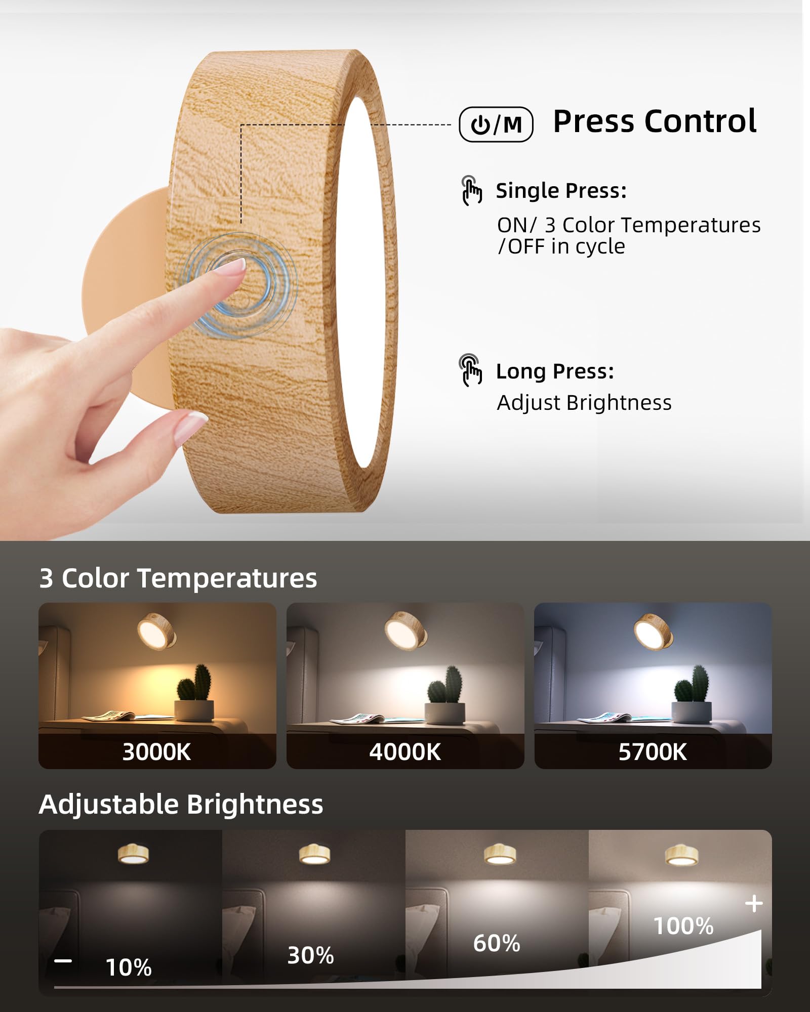 EZVALO LED Wall Mounted Lights, 3 Color Temps, Remote & Touch Control, 360° Rotation, 3 Pack, Burlywood, Model EZL2404A