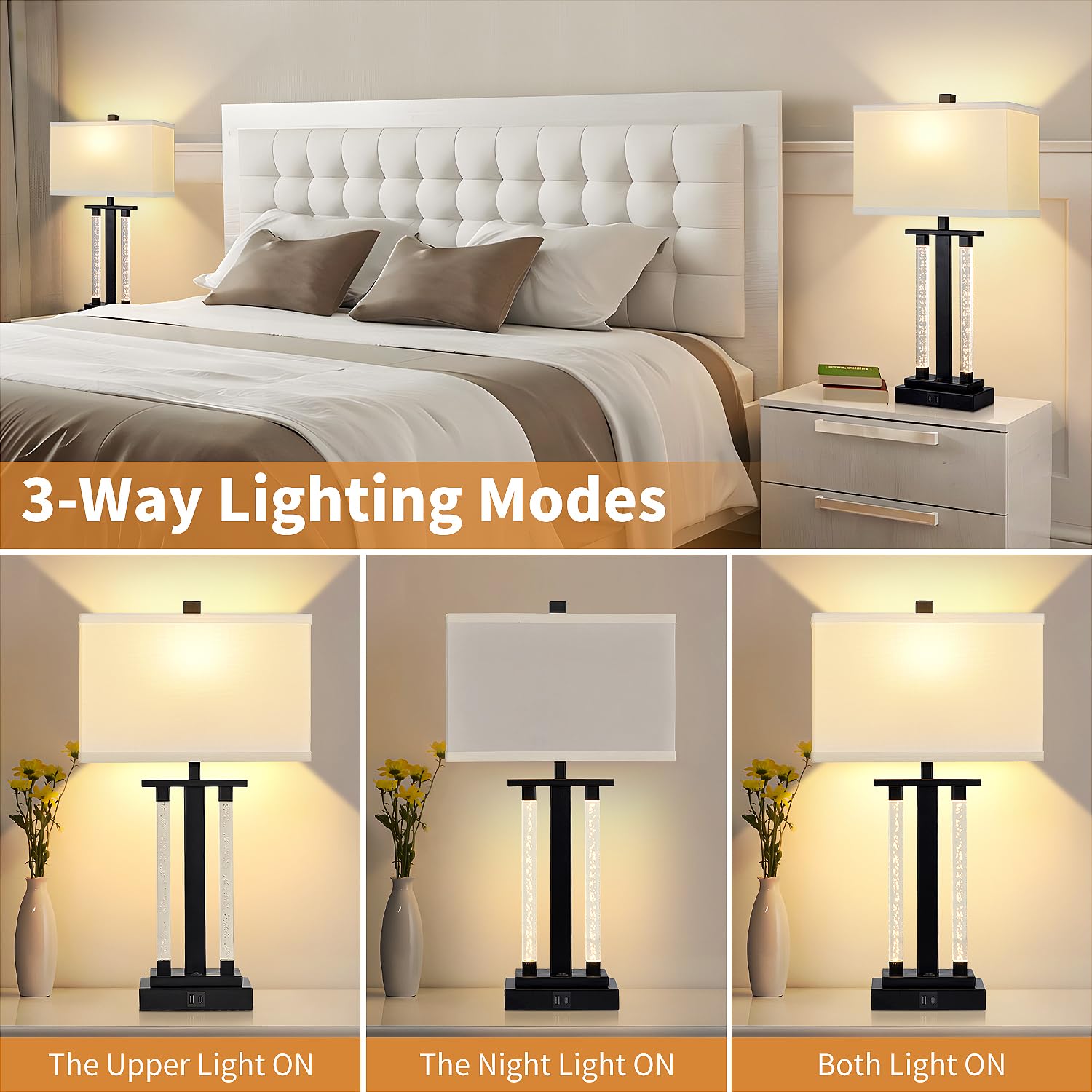 Lovlast Modern Table Lamps Set of 2 - 23" Black Bedside Lamps with 3-Way Lighting, USB Charging Port, 2 Bulbs Included, Model HD-TB1211