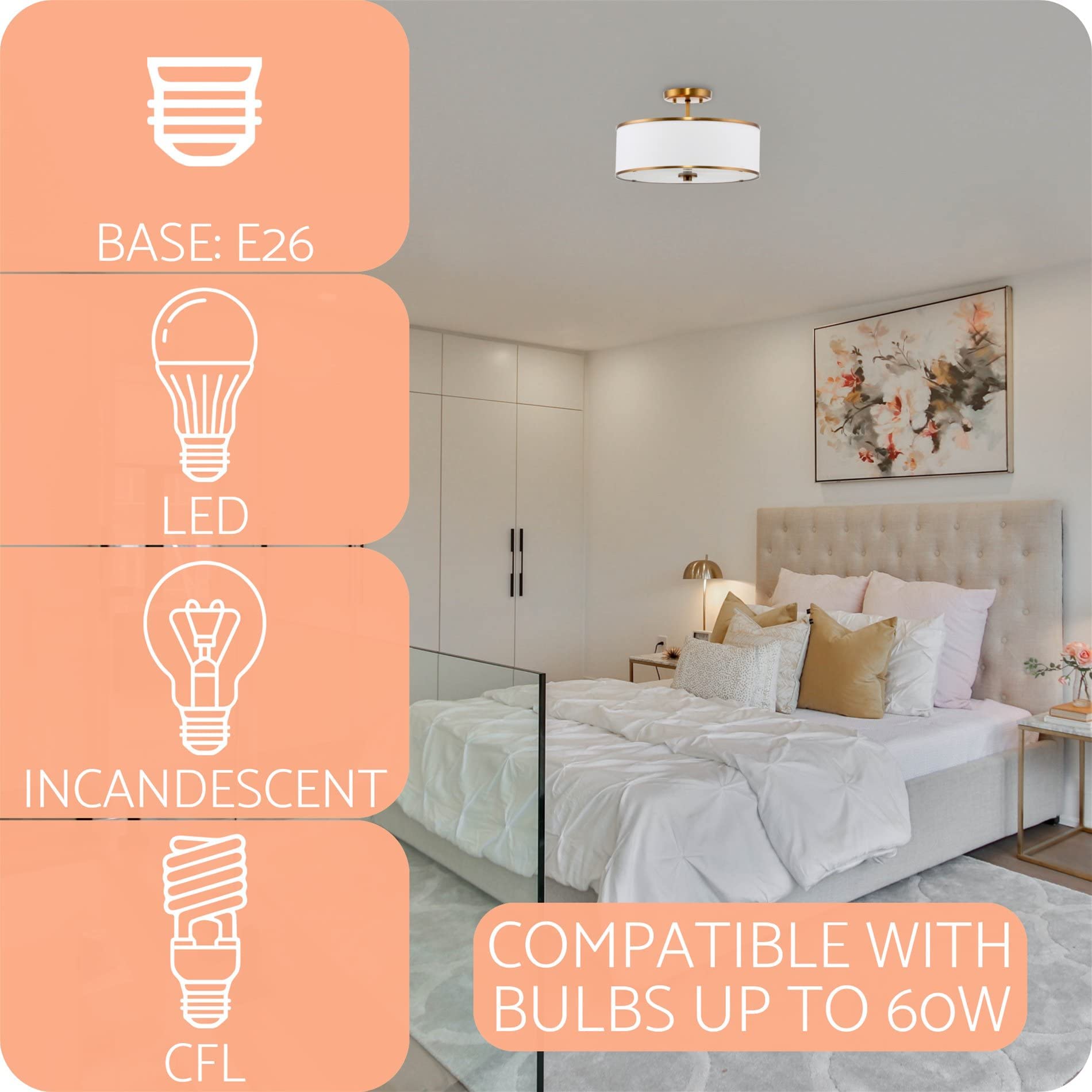 Kira Home Chloe 15in Retro Modern 3-Light Semi-Flush Mount Ceiling Light, Warm Brass, Fabric/Metal, Model RV-CSF117-2494-WB-WT