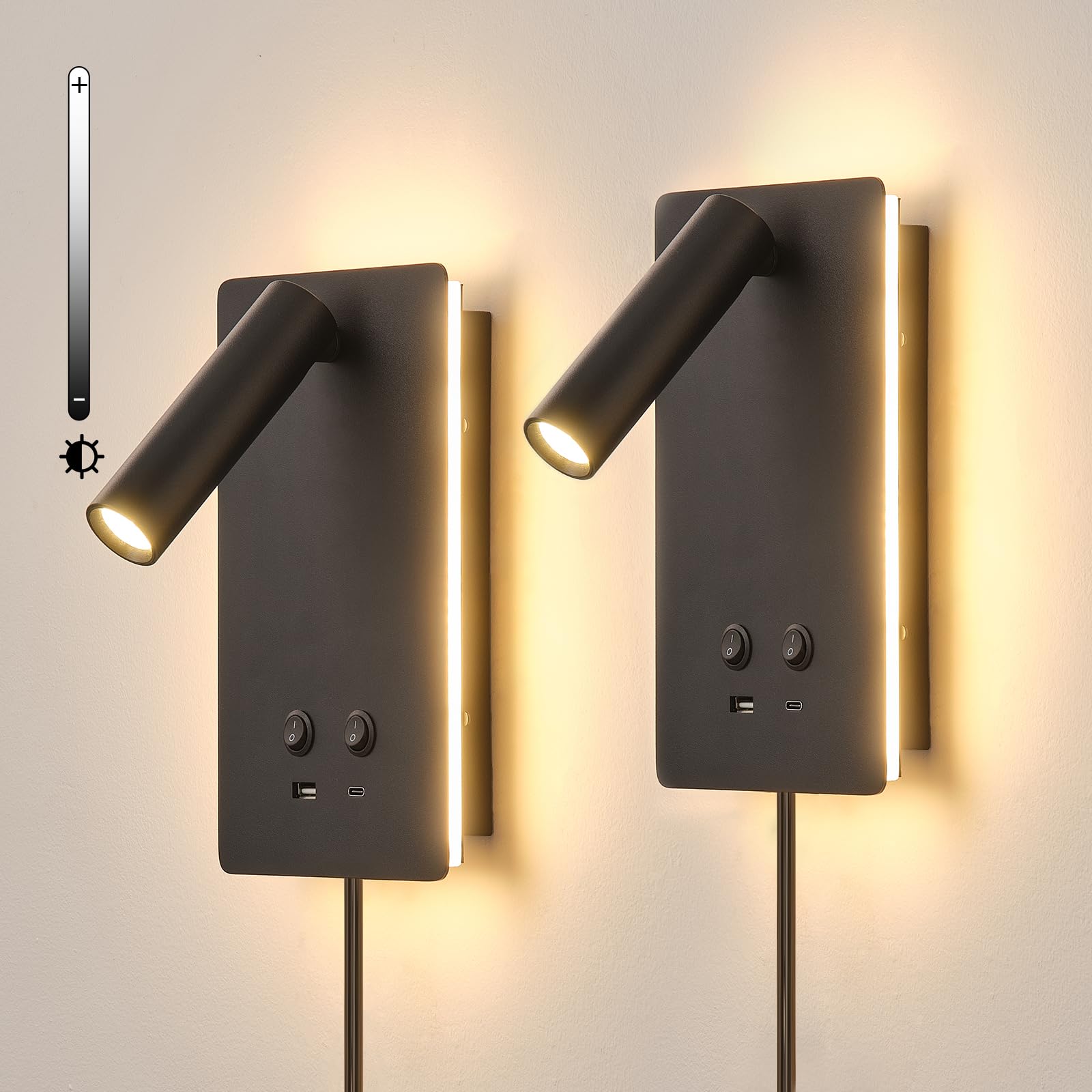 MOLUOLA LED Wall Mounted Reading Lights, Dimmable 3 Brightness, USB C+A Ports, Black, 2 Pack, Aluminum, Model S07G
