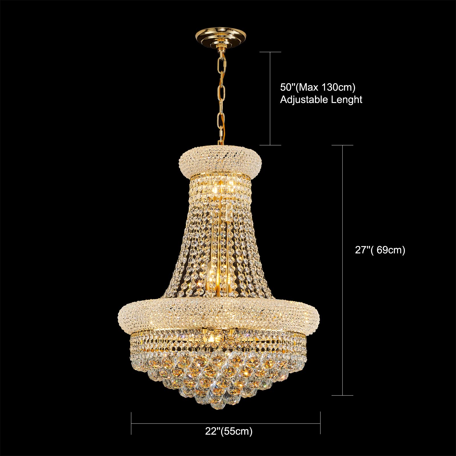 Homeooze 12-Light Empire Crystal Chandelier, Gold Finish, 27"H x 22"W x 22"D, Metal, Ideal for Foyer, Living Room, Dining Room, Bedroom
