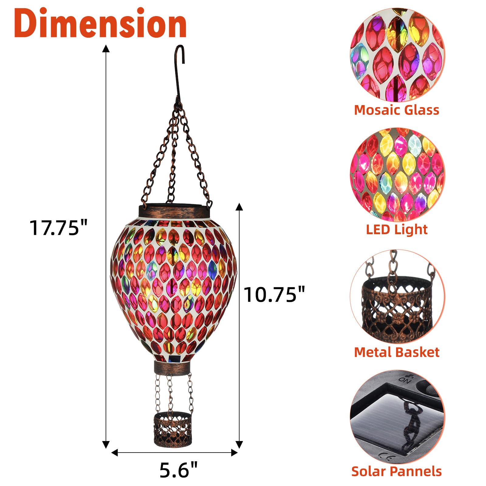 Voreen Hot Air Balloon Solar Lantern  Handmade Mosaic Solar Outdoor Hanging Wind Light  Waterproof  Patio Festive Decor  Gift For Mom Wife Friend  Red