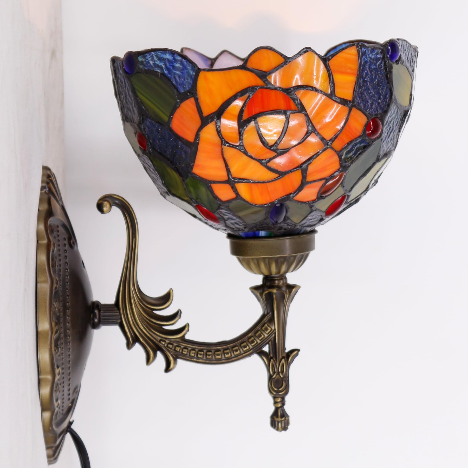 AVIVADIRECT Tiffany Wall Sconce Lamp, 8in Red Rose Stained Glass, Antique Bronze Base, 6ft Cord, Model W04, Middle Size