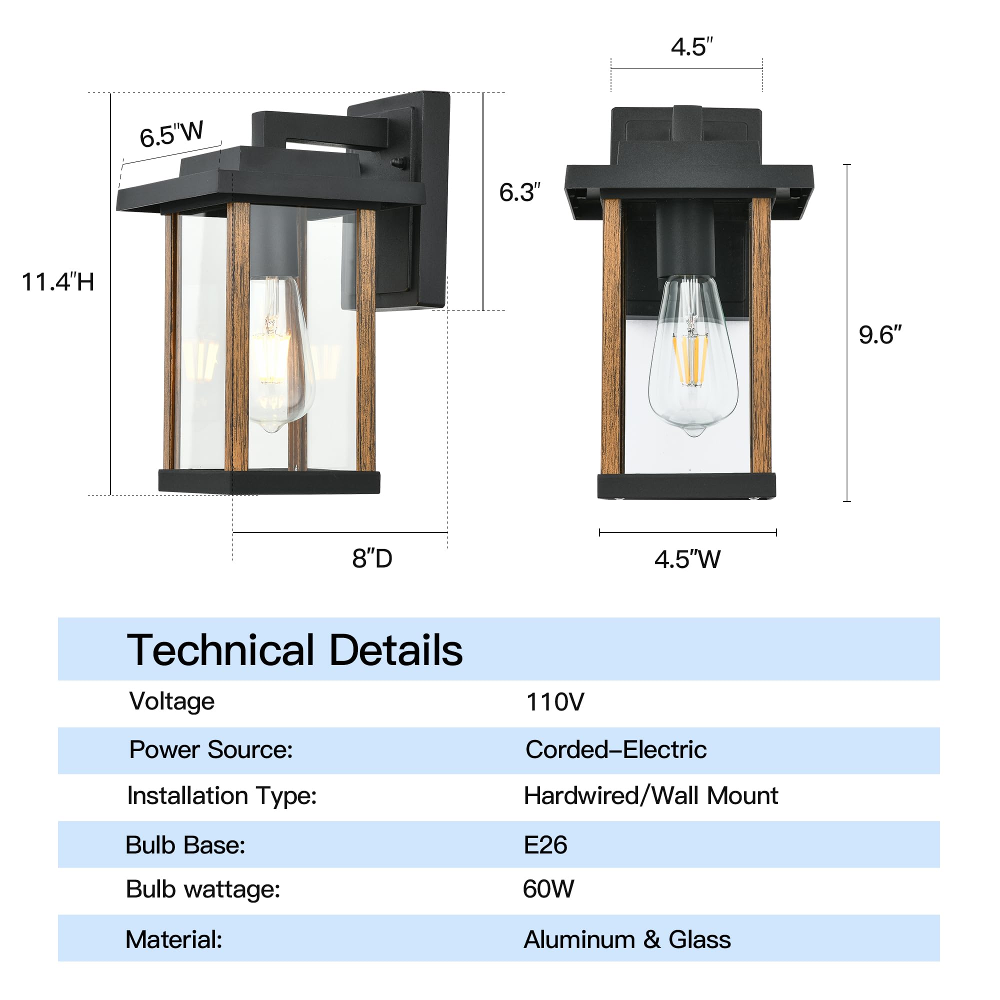 Smeike Outdoor Wall Sconce, Aluminum Porch Light, Anti-Rust, Wood Grain & Black Finish, Model A275-3