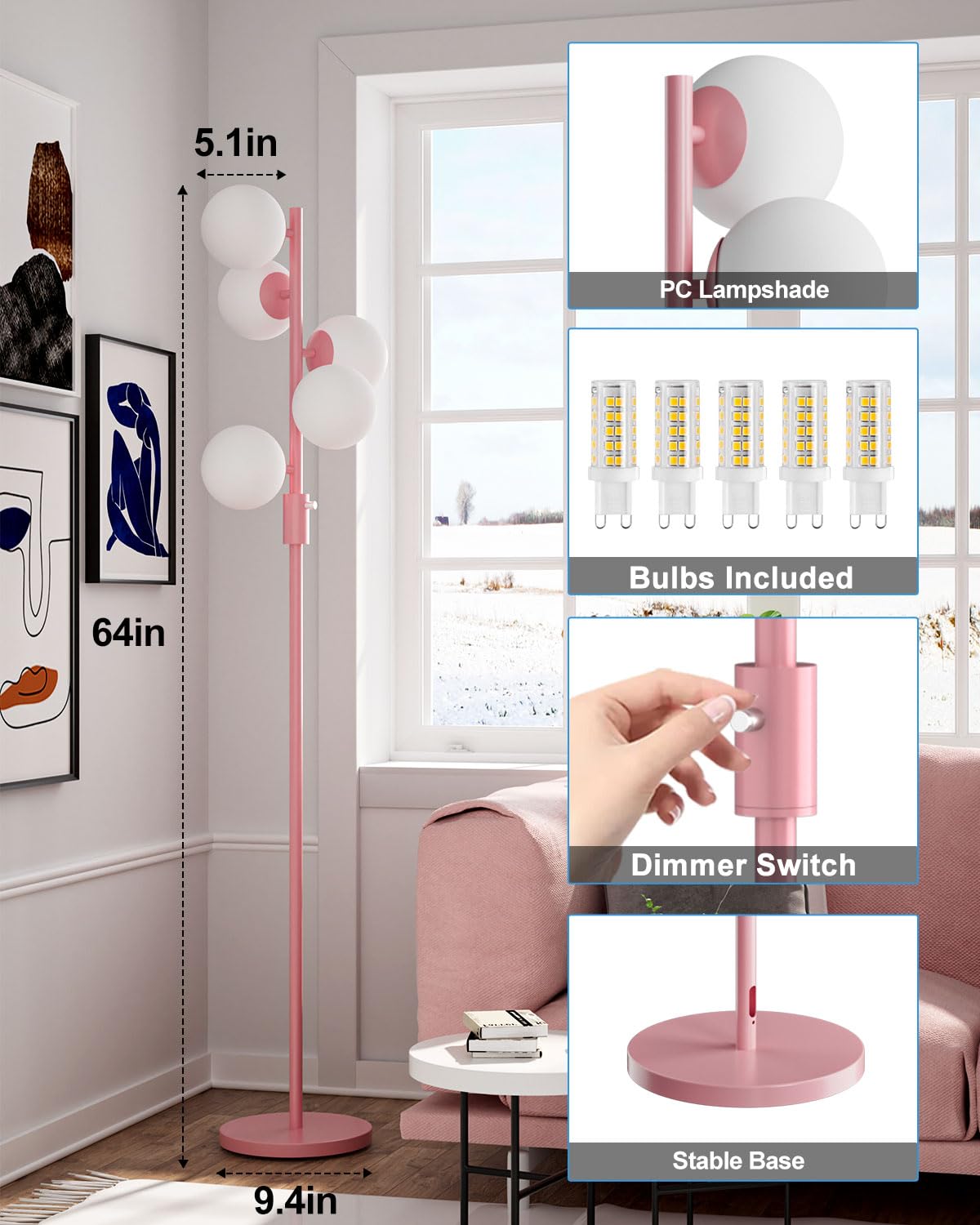 Acohook 64In Dimmable Pink Floor Lamp, Tall Standing Lamps With 5 Globe Soft Warm White Eye Care 3000K G9 Bulbs, Mid Century Mod