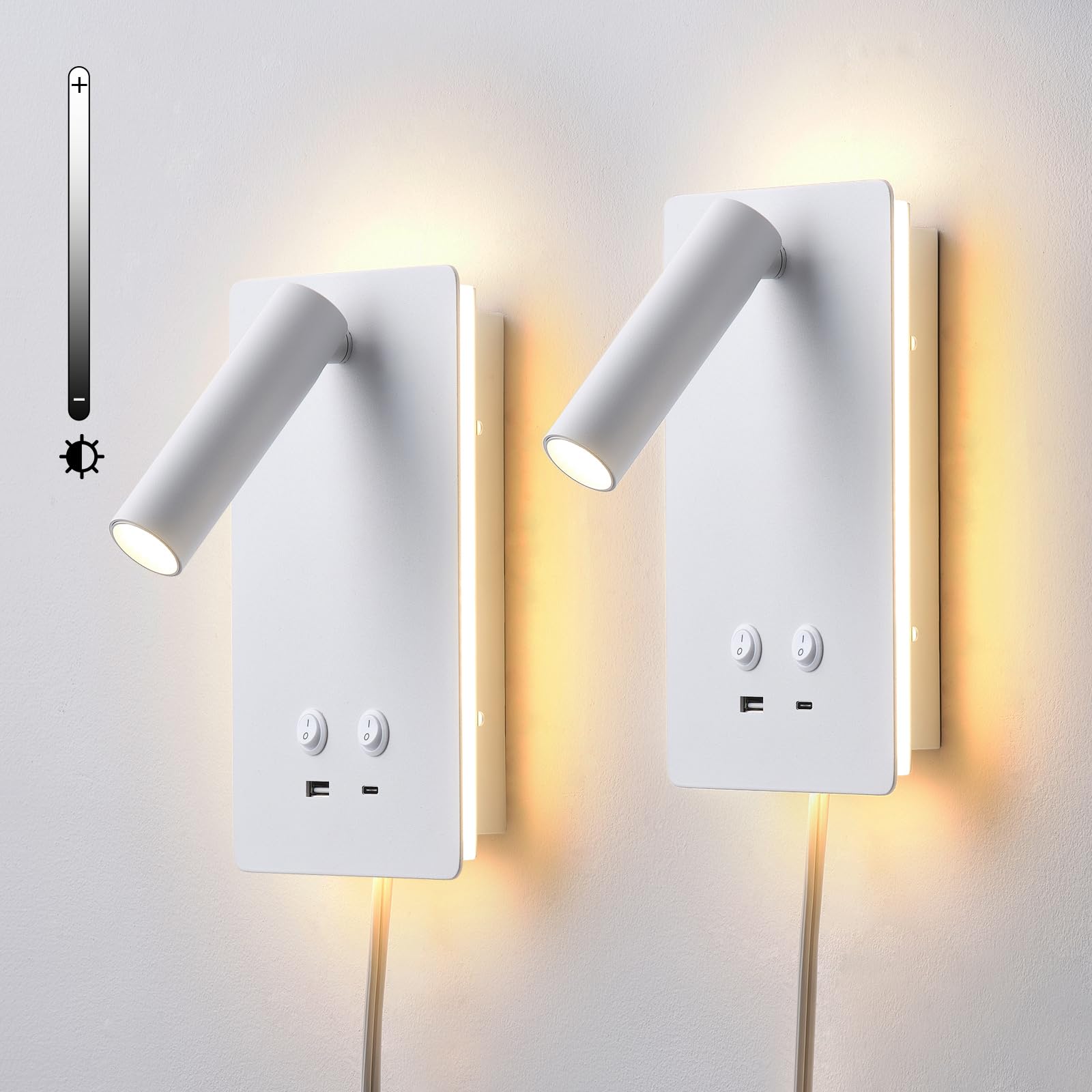 MOLUOLA Dimmable Wall Mounted Reading Light, LED with USB C+A Ports, 2 Pack, White, Aluminum, Model S07G
