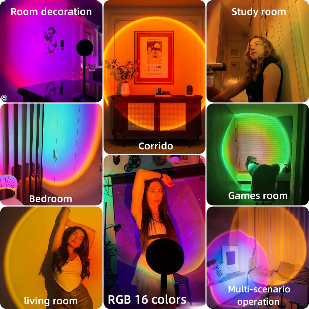 JIMEI Sunset Lamp Projector LED Lights, Multicolor, Small, Stainless Steel, Model SUNLAMP-P, 360° Rotation, Mood Lighting for Home Decor