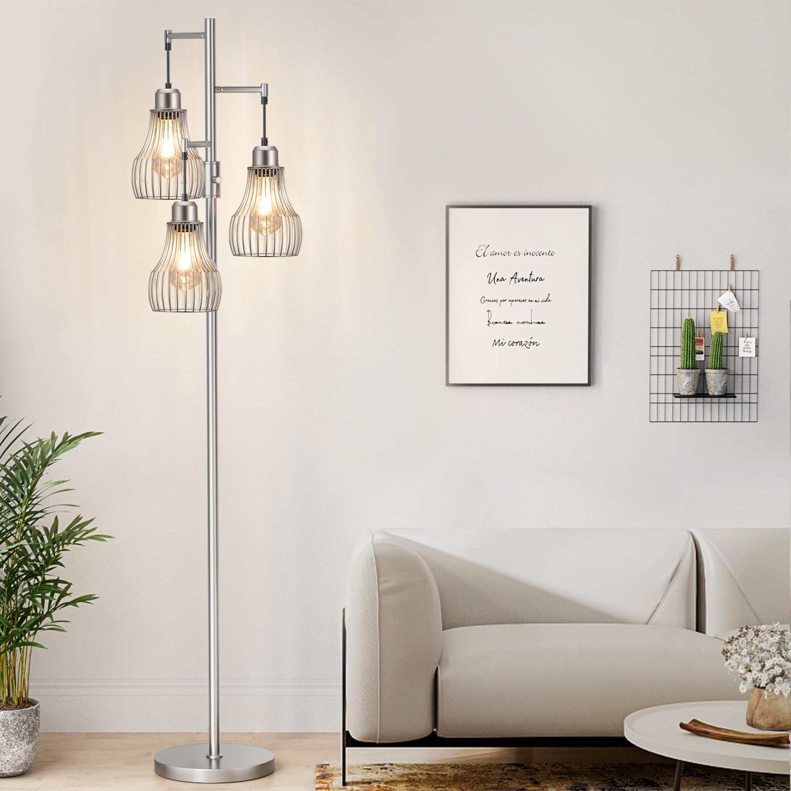 Ziisee Dimmable Floor Lamp with 3 x 800LM LED Bulbs, Metal, Silver, Model dtl1-3, Industrial Farmhouse Style for Living Room or Office
