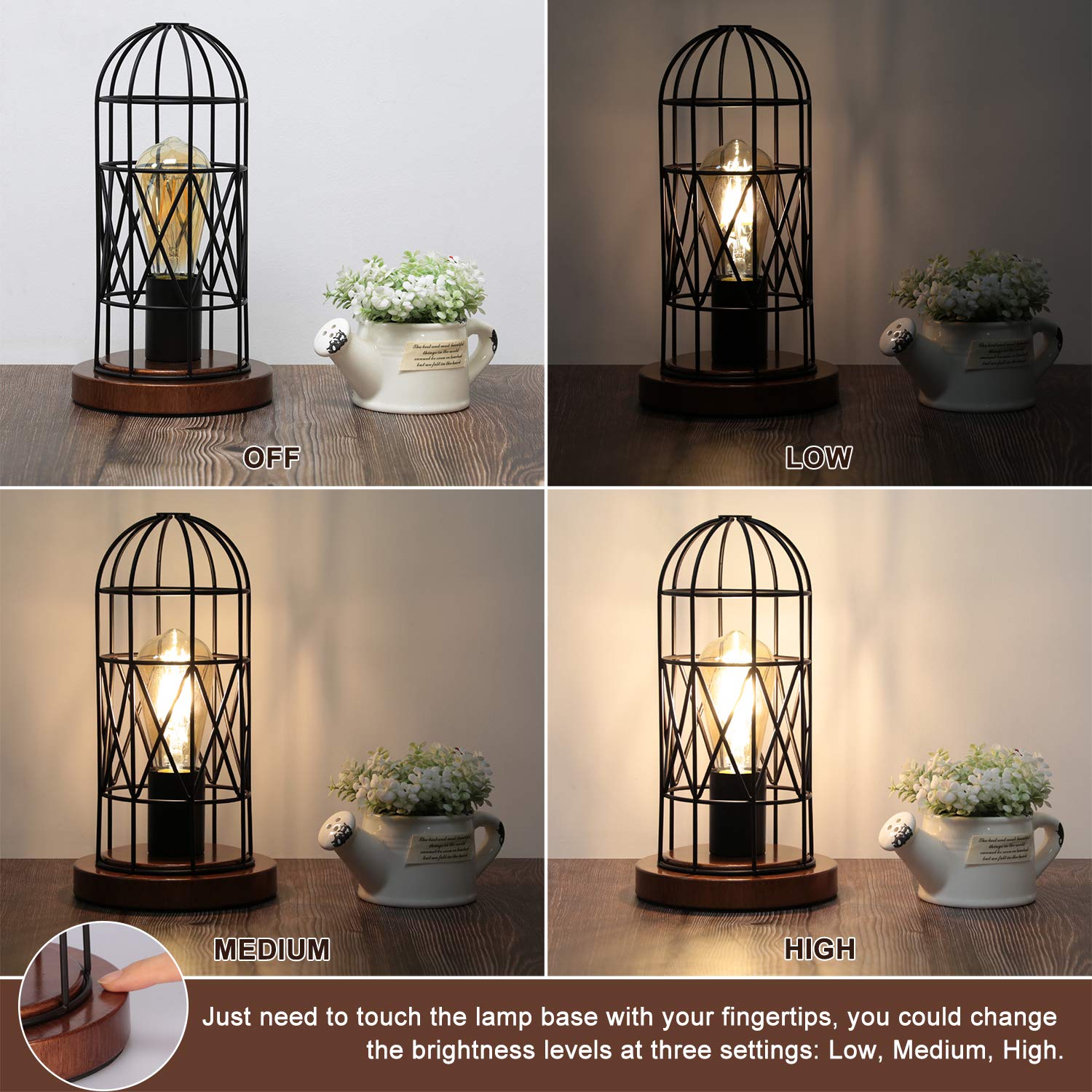 Seaside Village Touch Control Table Lamp - Vintage Metal Cage, 3-Way Dimmable, Bronze Base, Edison Bulb Included for Bedroom or Hallway