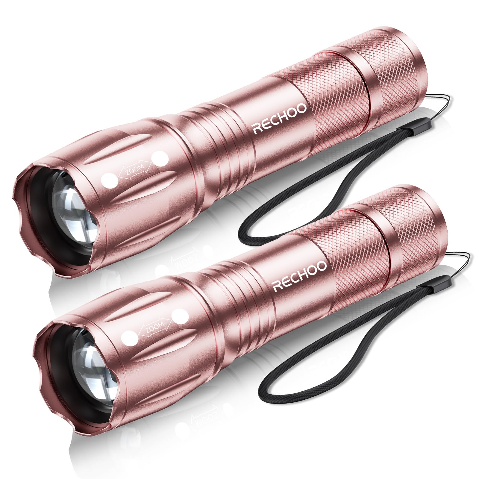 RECHOO LED Flashlight 2 Pack Pink, Tactical Flashlights High Lumens with 3 Modes, Pocket Small Flash Light, Waterproof Zoomable 